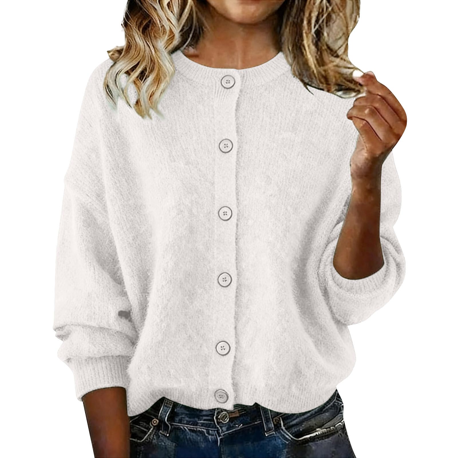 KIKX0DE Womens Knit Cardigan Sweaters Lightweight Button Down Crew Neck Long Sleeve Loose Fall Trendy Sweater Coats