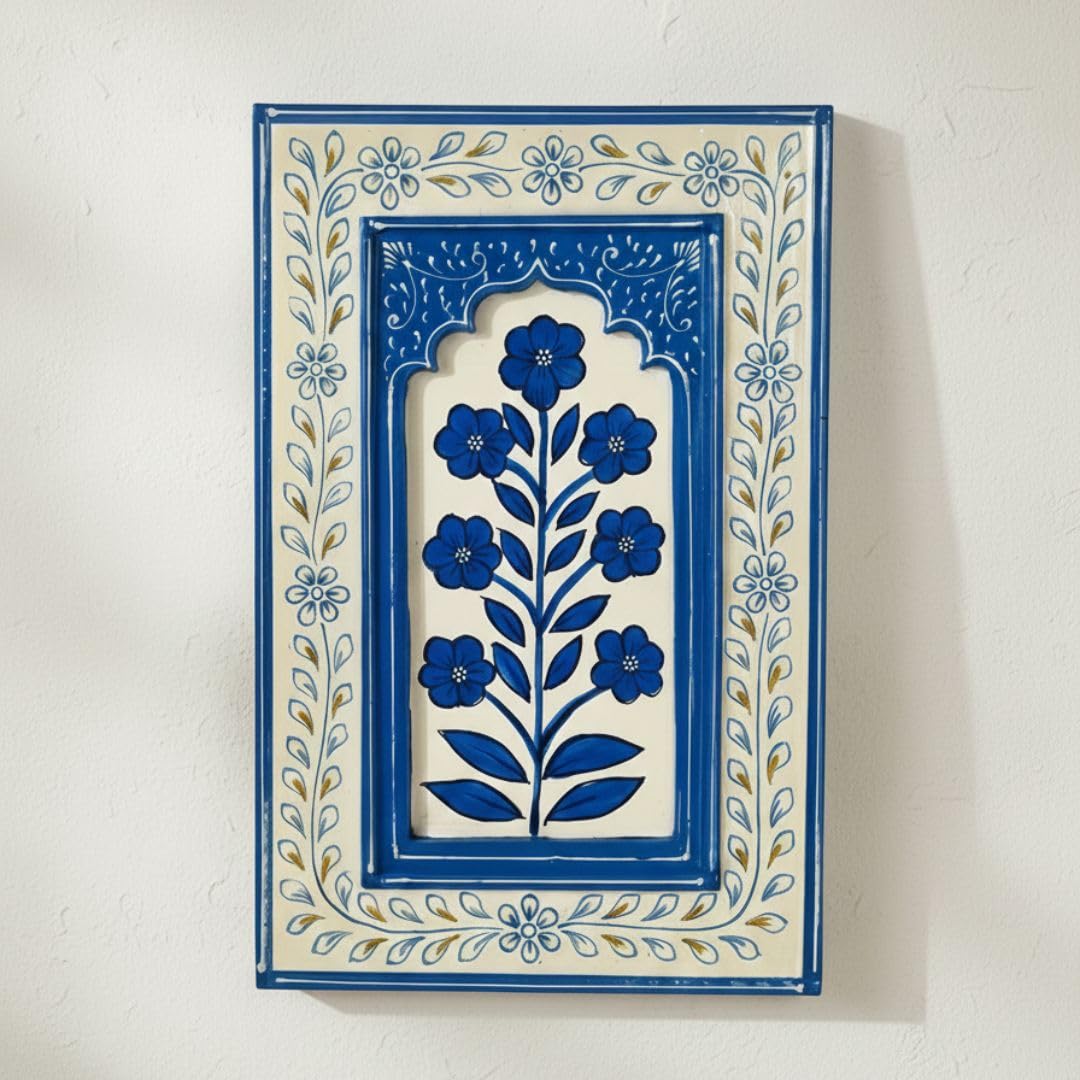Handpainted Wooden Wall Frame | Rajasthani Traditional Craft | Decorative Floral Wall Hanging Art for Living room, Bedroom, Office | 12×8 Inch, Coastal Blue