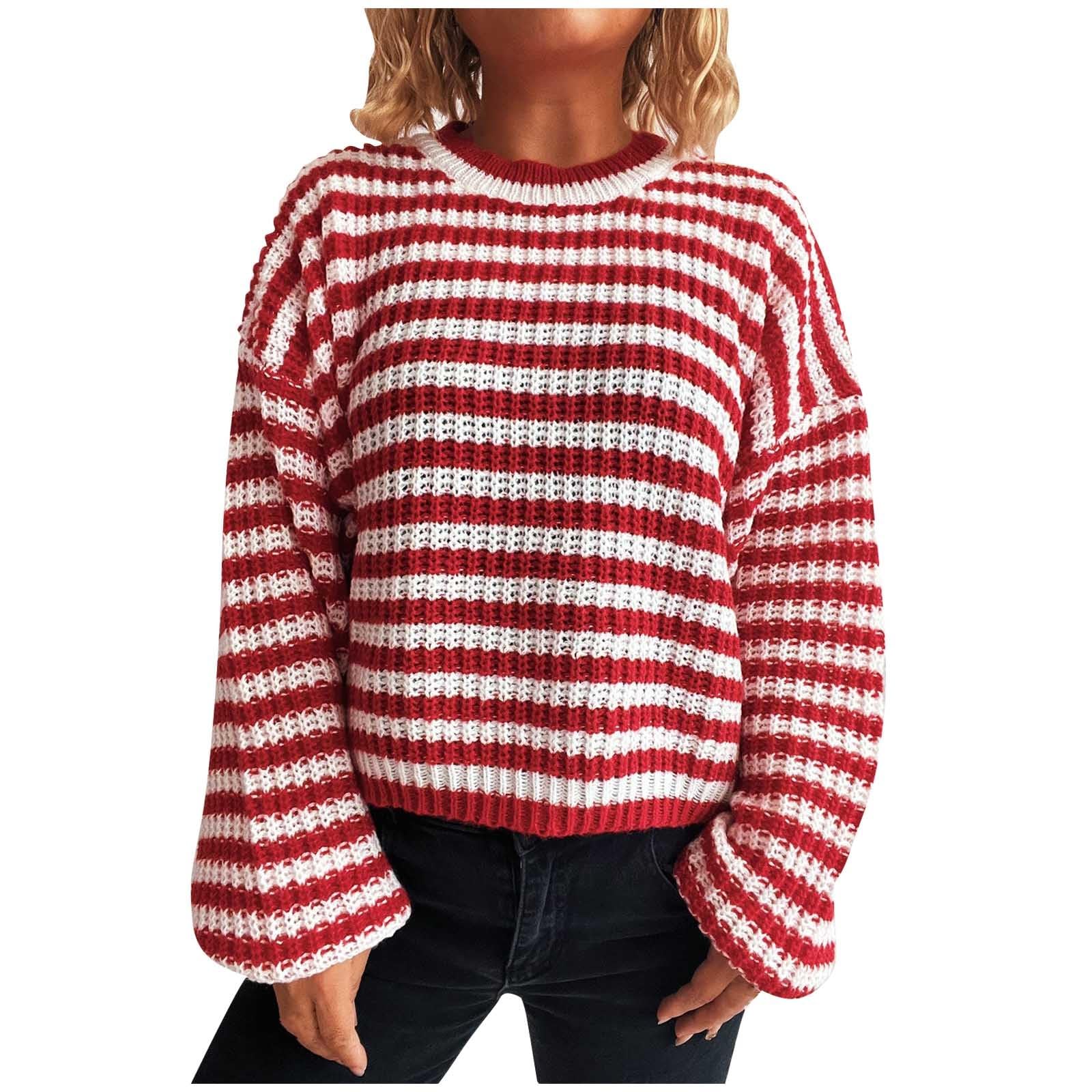 Striped Knit Sweater for Women Fall Fashion Winter Clothes Casual Crew Neck Crochet Pullover Y2k Cute Tops