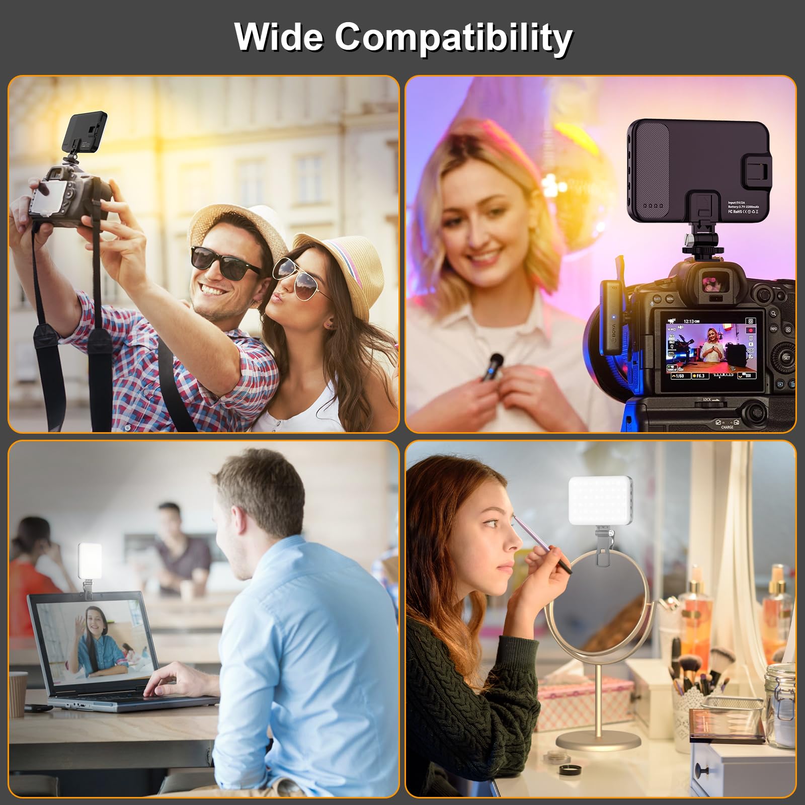 ANAUTIN Luce a LED per fotocamera con luci video, illuminazione portatile per fotografia, 60 LED, 2200 mAh, luce ricaricabile per selfie, 7 modalità, luminosità a 10 livelli, luce portatile con clip