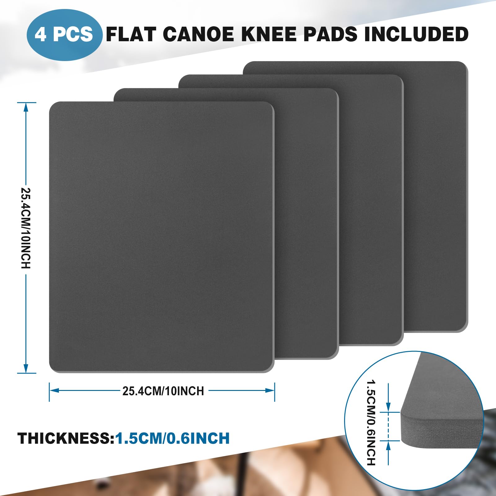 Soulchen 4 Pcs Flat Canoe Knee Pads with Peel and Stick Adhesive Backing, 10 x 12 x 0.6 Inch Gray Foam Knee Pads, Prevent Bruising and Scrapes for Canoe Race, River Tripper or Moderate Whitewater Boat