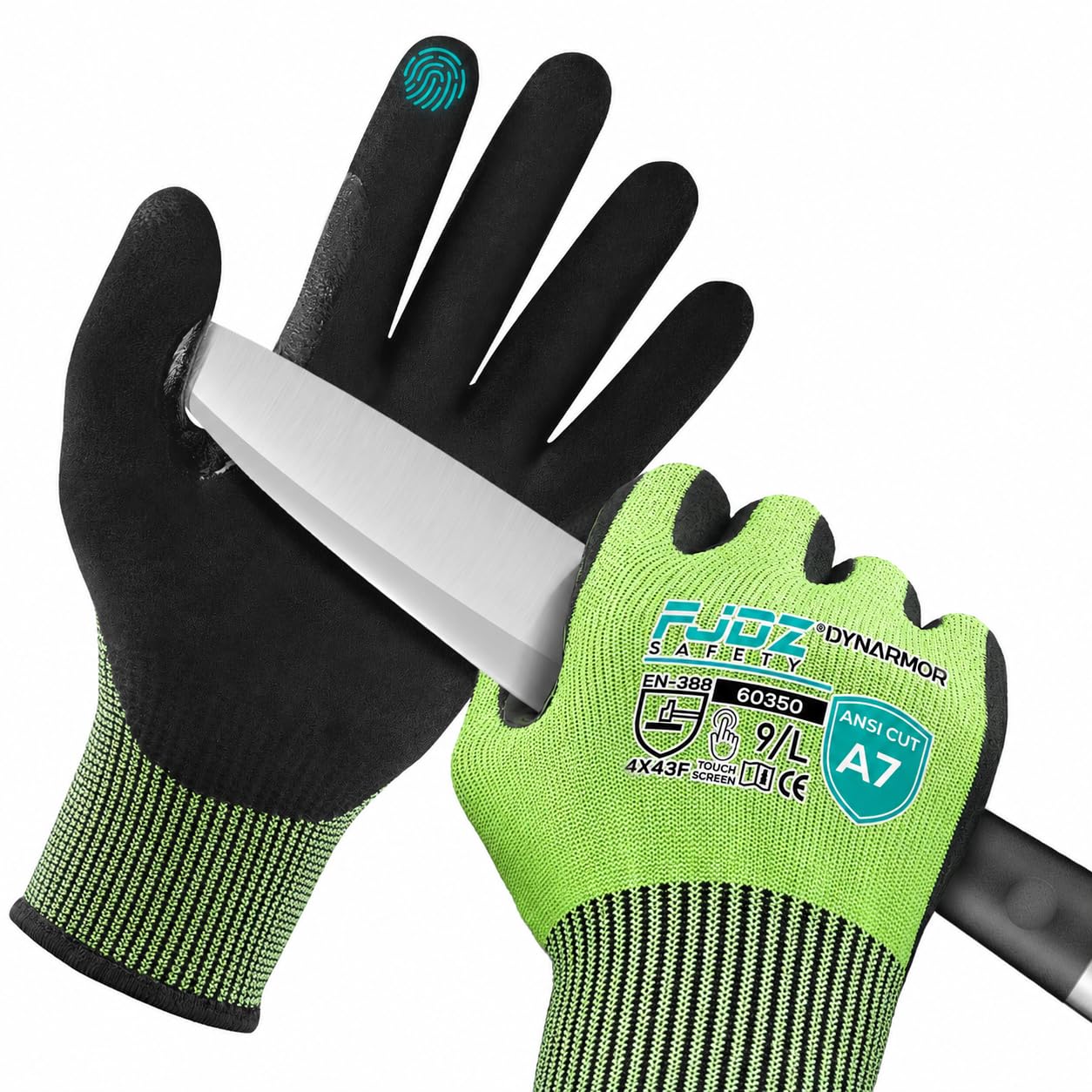 Evridwear ANSI A7 schnittfeste Handschuhe, Touchscreen-Schneidehandschuhe mit sandiger Nitrilbeschichtung, fester Griff für Holzarbeiten, Lager, Griffglas, Gartenarbeit, Bau, Angeln (Grün, M)