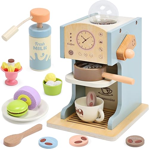 Cafetera de juguete para niños, juego de café de madera para niños con accesorios de cocina y postre de juguete, juego de cafetería juguetes de