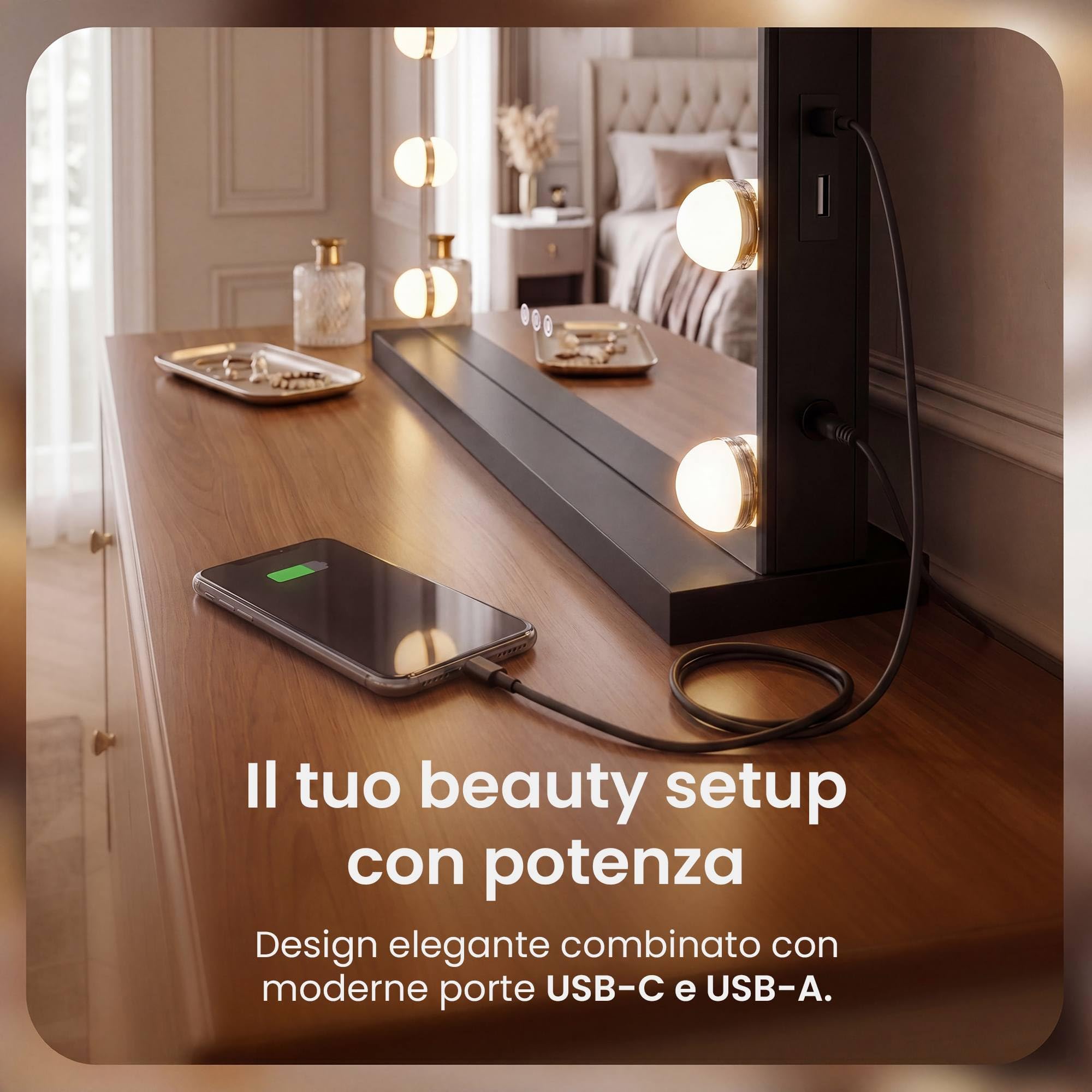 CLP Specchio Trucco Norlina 80x60 cm con Luci LED Dimmerabili, 3 Modalita di Illuminazione e USB. Specchio Hollywood da Parete o da Tavolo, Colore:nero