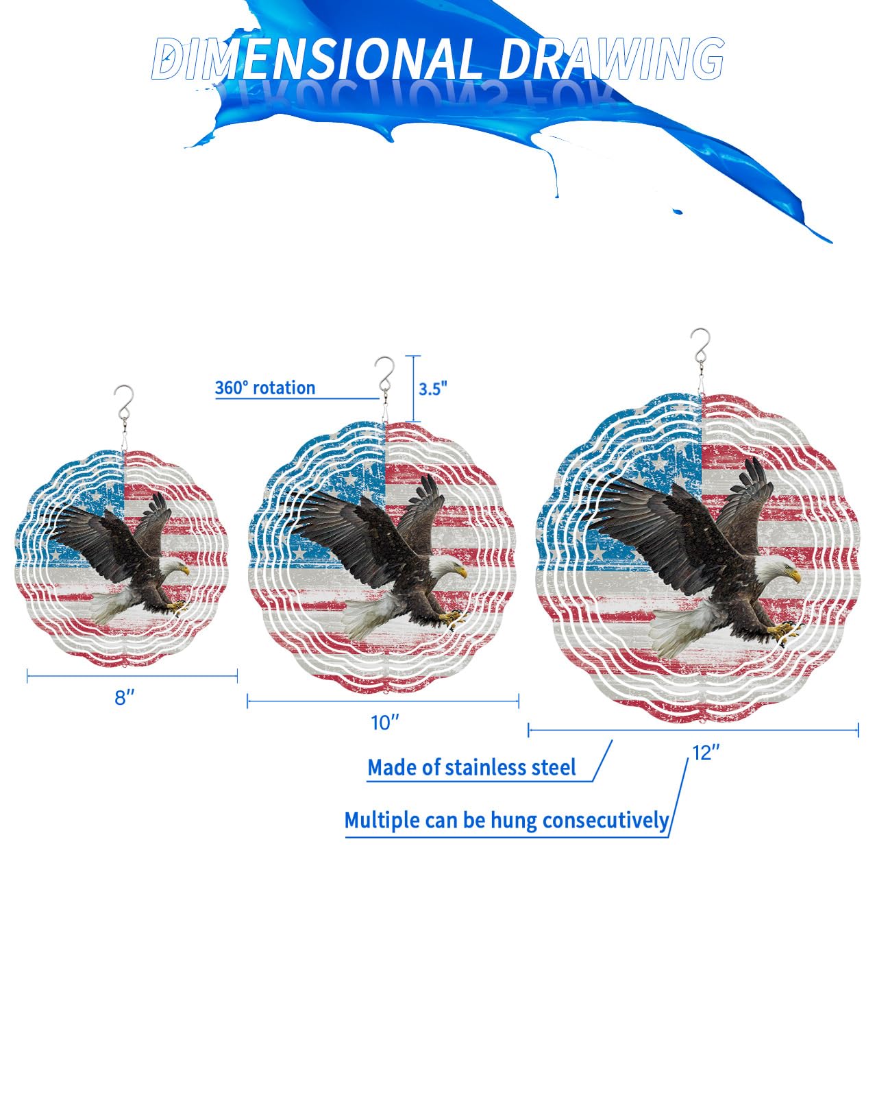 4th of July Wind Spinners for Yard and Garden American Flag Wind Spinner Eagle Independence 3D Metal Stainless Steel Wind Sculptures Chimes Outdoor Patio Independence Day Hanging Decor 12 Inch