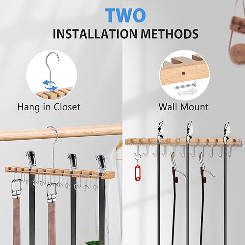 Miniatura 2 de Percha para cinturón para armario, para evitar caídas y soporte de pared para cinturón de madera, sostiene 23 cinturones, soporte para cinturón para