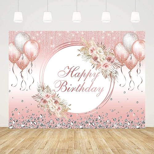 Miniatura 3 de AIBIIN Telón de fondo bohemio de feliz cumpleaños de 7 x 5 pies para niña, globos rosados con purpurina, fondo de fotogarfía, decoración de fiesta