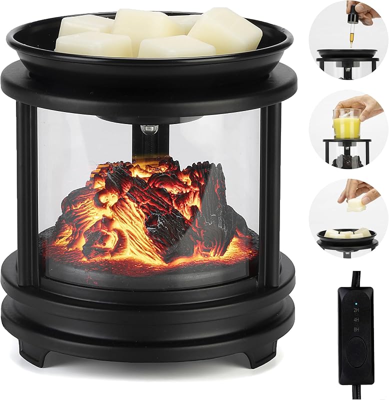 MOAFINA Calentador de cera para fogata con temporizador, calentador de cera para cera perfumada | Quemador de aceite y fundidor de cera eléctrico 4 en 1, calentador de velas con brillo LED 3D, temporizador de 2/4/8H para decoración de fragancias del dormitorio del hogar