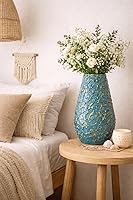 Zorvia Hand-Painted 9.5-Inch Blue Terracotta Vase with Gold Accents - Handmade Textured Artisan Decor for Shelves, Tables & Home Accents