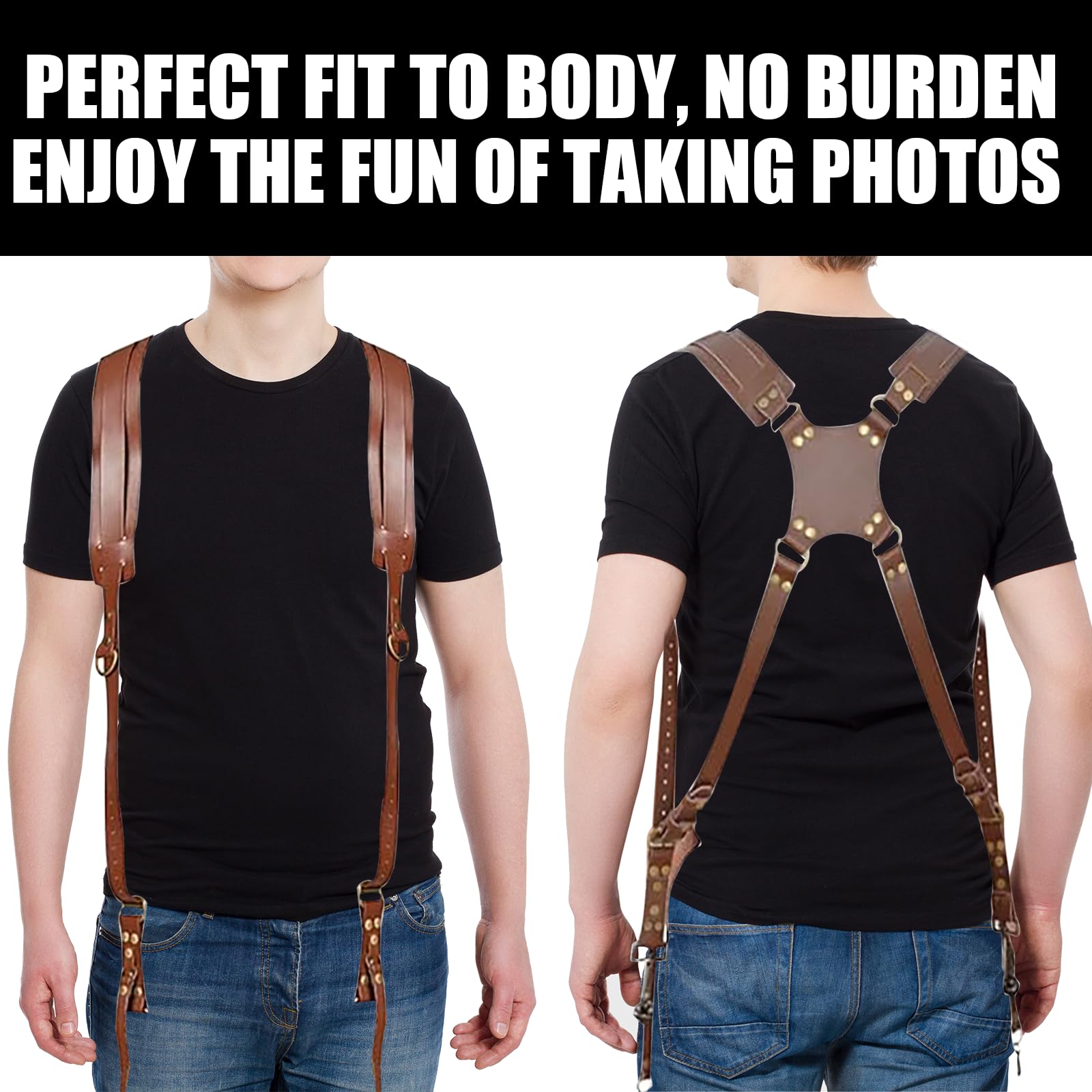 Harnais Appareil Photo Professionnel, Longueur Ajustable Bandoulière Double pour Appareil Photo, Cuir Sangle de Sac à Dos Deux Caméras DSLR/SLR, Unisexe Photographe