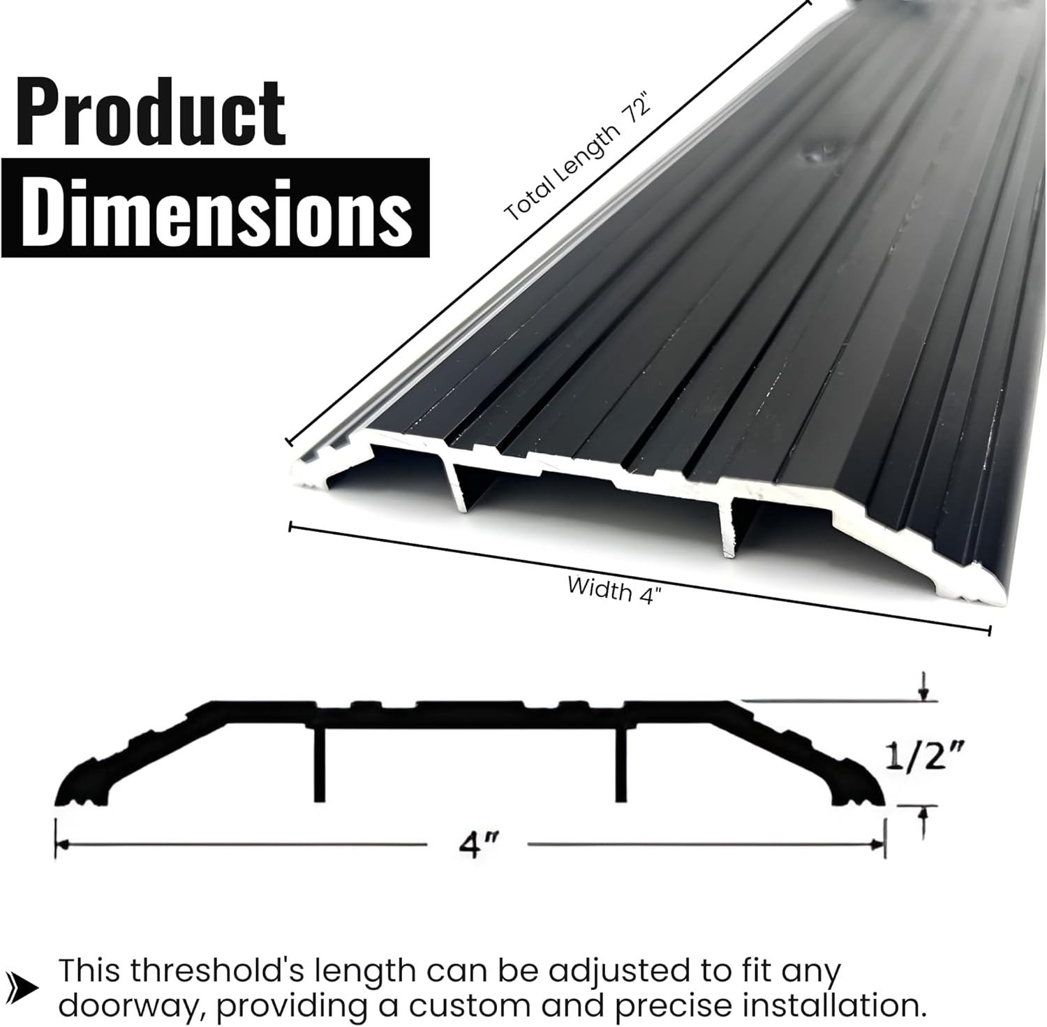 KC Hardware Aluminum Door Threshold- Transition Strip and Door Saddle Thresholds for Exterior and Front Doors- 4" Wide 1/2" High- 72 Inch Black Anodized- Pack of 1