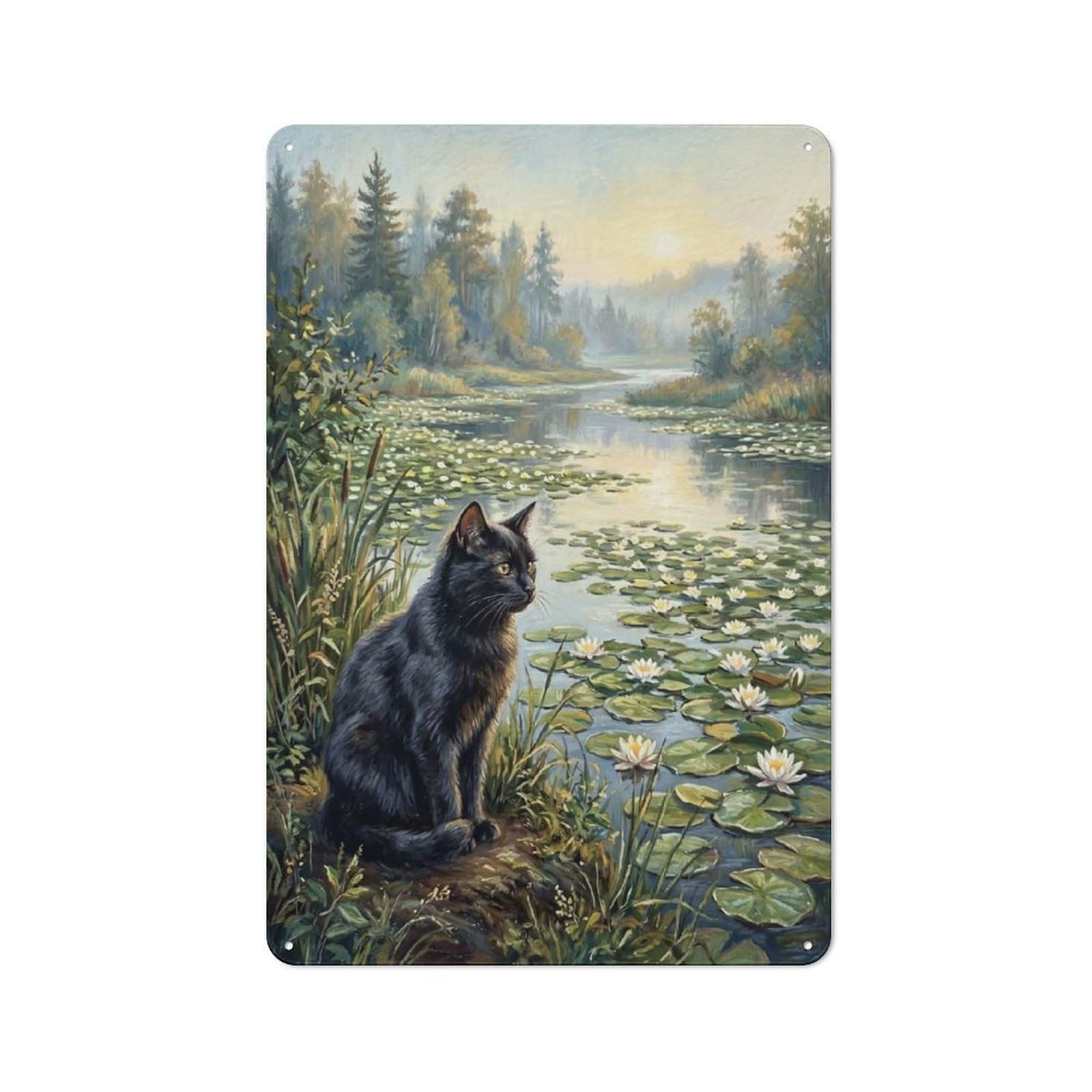 Junmoney Style-5 Tin Wall Plaque 30X20cm With Black Cat By A Lily Pond For Workshop Wall, Housewarming Wall Decor For People Furnishing Workshop