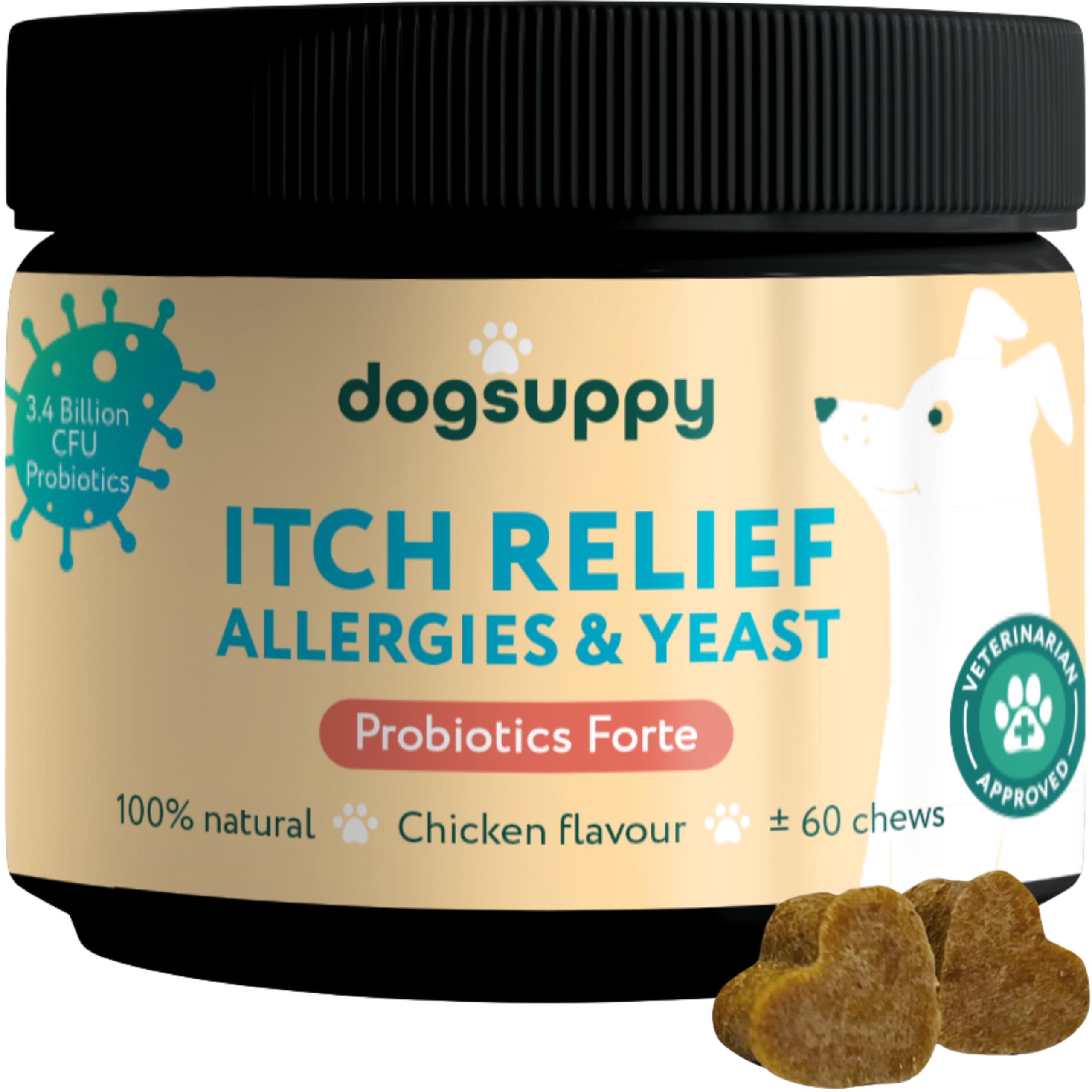 DogSuppy Itch Relief For Dogs – Relieves Itching, Scratching, Licking, Allergies & Yeast, 100% Natural, Supports Gut Health & Immunity – For Small, Medium & Large Dogs | 60 Chews (180g), With chicken — image 1