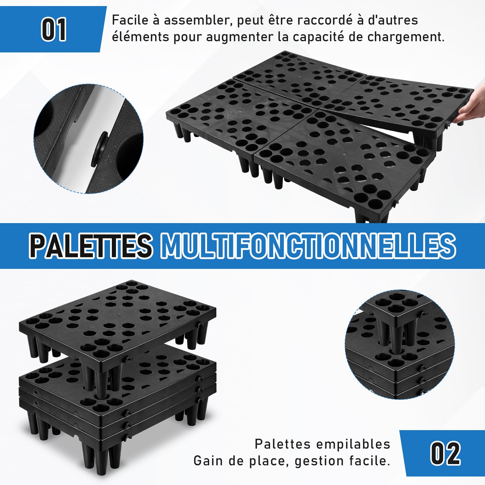 Lot de 4 Palettes en Plastique Noires Empilables, 40 x 30 x 10 cm