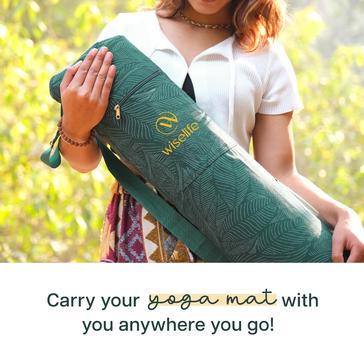 Wiselife Yoga Mat Bag Premium Carry Bag, Full Easy Access Zip, Multi Functional Storage Pockets & Adjustable Shoulder Strap Green Leaves 3
