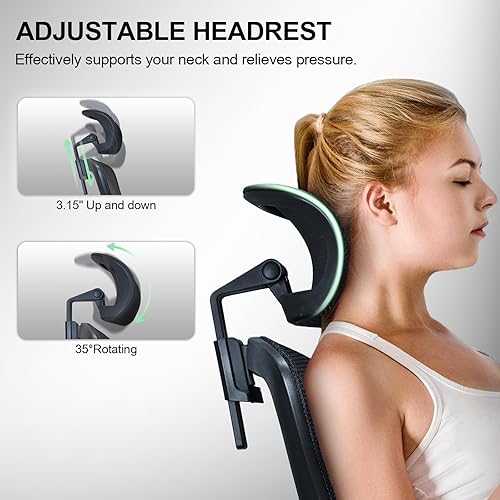 Miniatura 5 de Silla de oficina ergonómica, silla de escritorio de malla con respaldo alto con soporte lumbar ajustable y reposacabezas, silla de trabajo ejecutiva