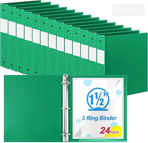 Henoyso 24 Pcs Green 1.5" 3 Ring Plastic Binder Bulk, 1 1/2 Inch Soft Flexible Binders Round Rings, Fits Letter Size 8.5'' x 11'' Paper, Holds 350 Sheets, for School Office (1.5 Inch)