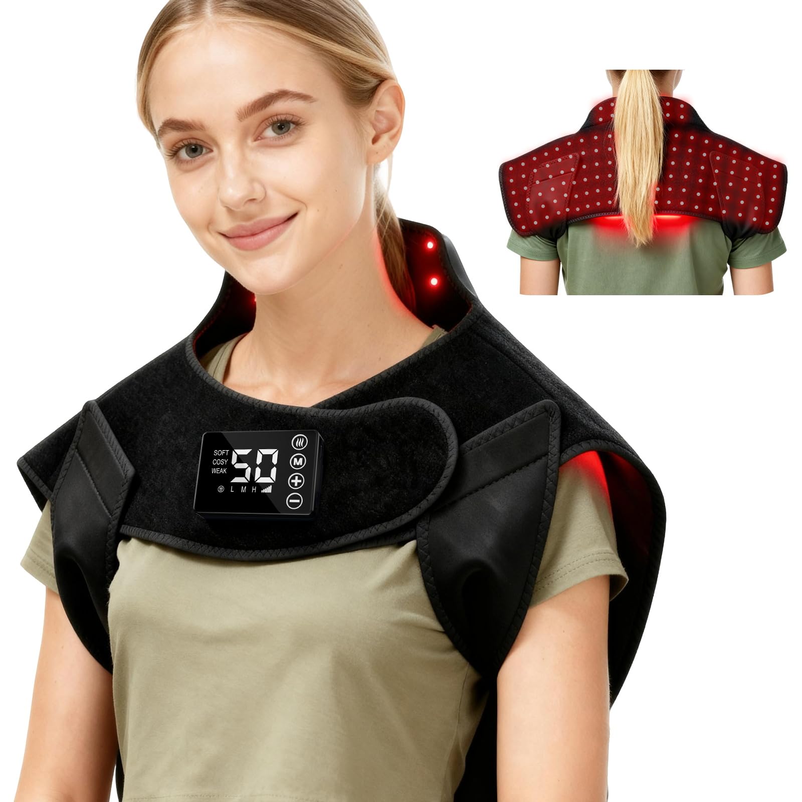 Red Light Therapy for Neck Shoulder,Rechargeable Infrared Light Therapy Device for Body with Massage and Timer,Wearable 660nm&850nm Red Light Therapy