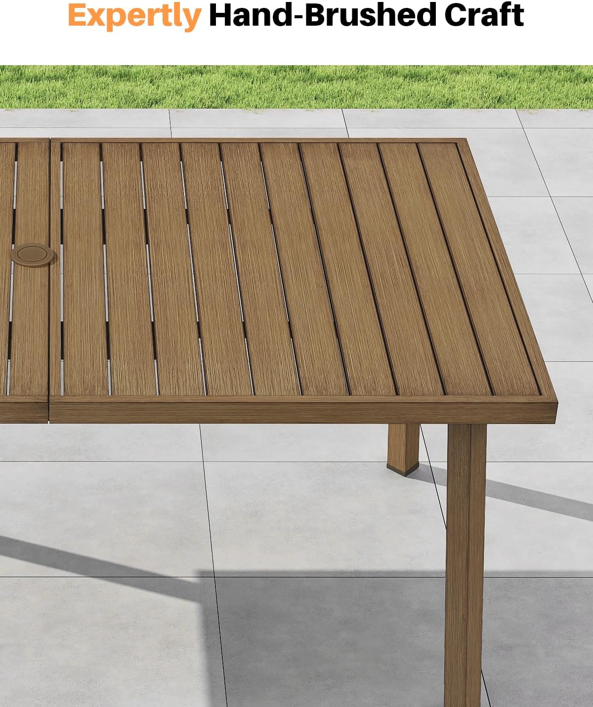 Never-Rust Aluminum Patio Dining Table, 63" x 35" Rectangular Outdoor Dining Table for 6, Outdoor Patio Table with Umbrella Hole for Backyard, Garden, Balcony, Deck, Teak