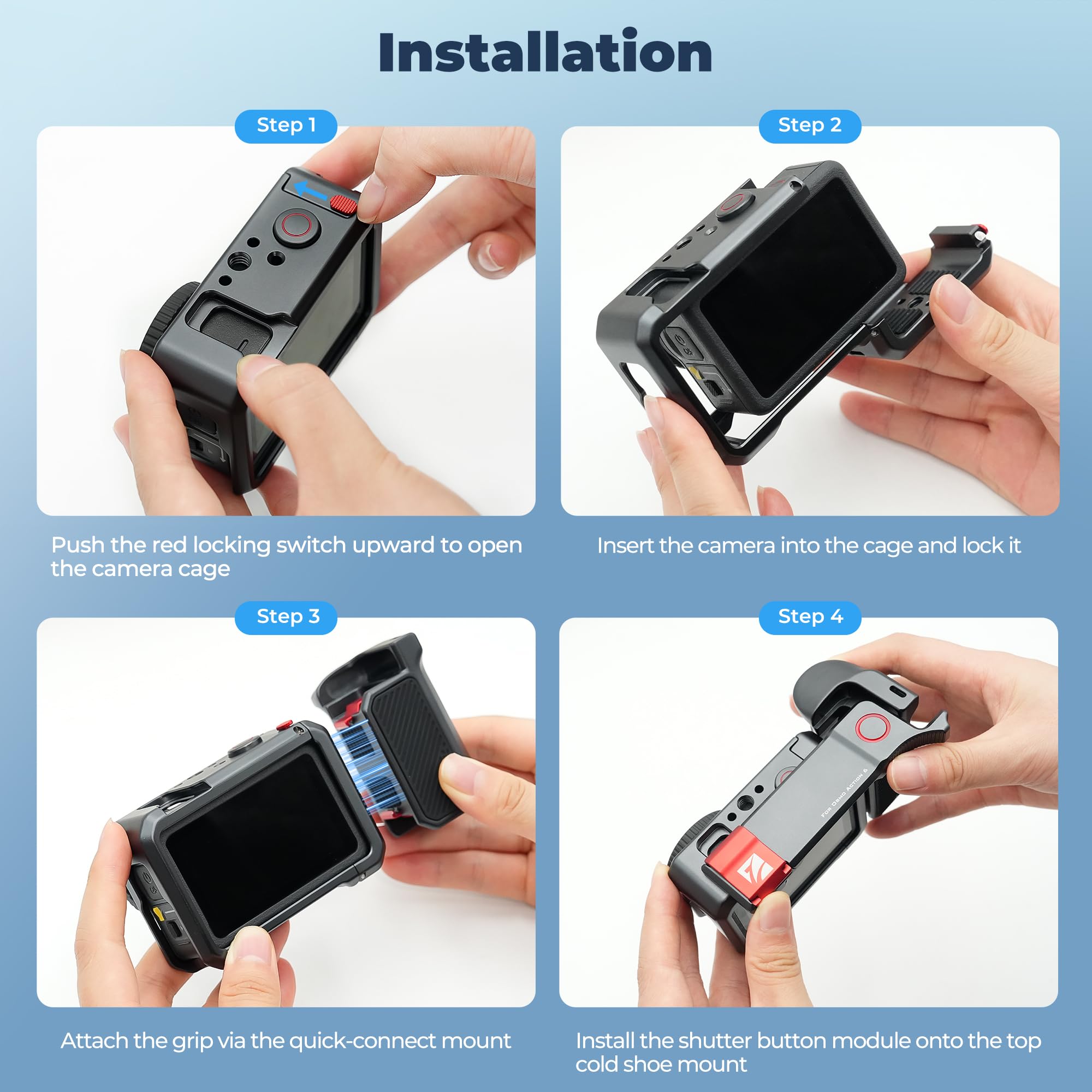 Freewell Creator Pro Cage pour DJI Osmo Action 6 avec poignée Xplorer | Quick Connect Mount, Cold Shoe, 0,25"-20 Thread + ALAI Trou de positionnement, Antichoc Aluminium Rig Kit