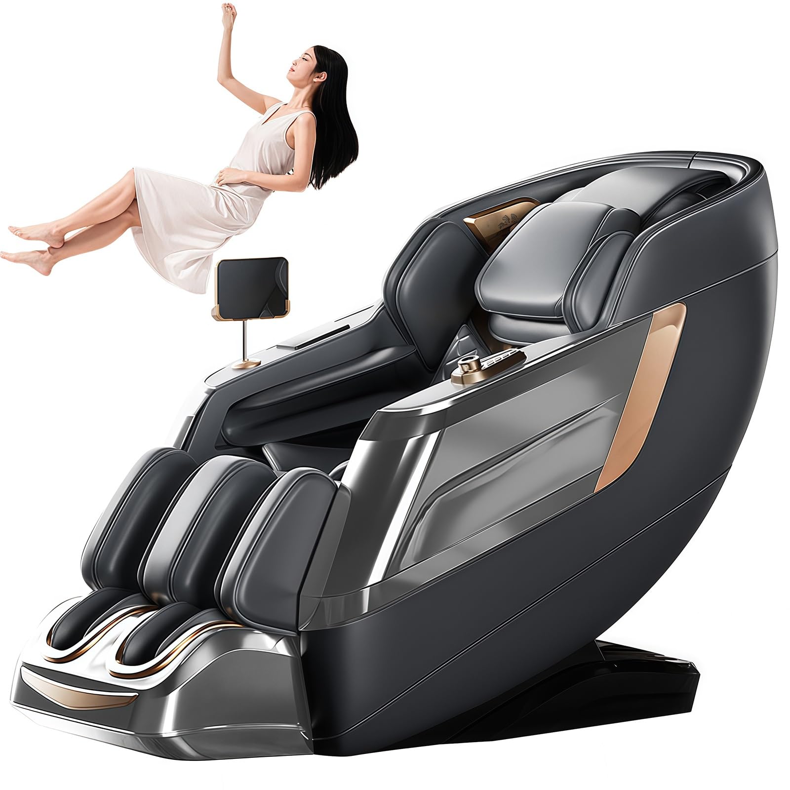 Sillón De Masaje 4D, Movimiento De Masaje De Lujo 36 Juegos De Airbags 6 Programas De Masaje Función De Calefacción Integrada Pantalla Táctil HD para Oficina Y Hogar(Gray)