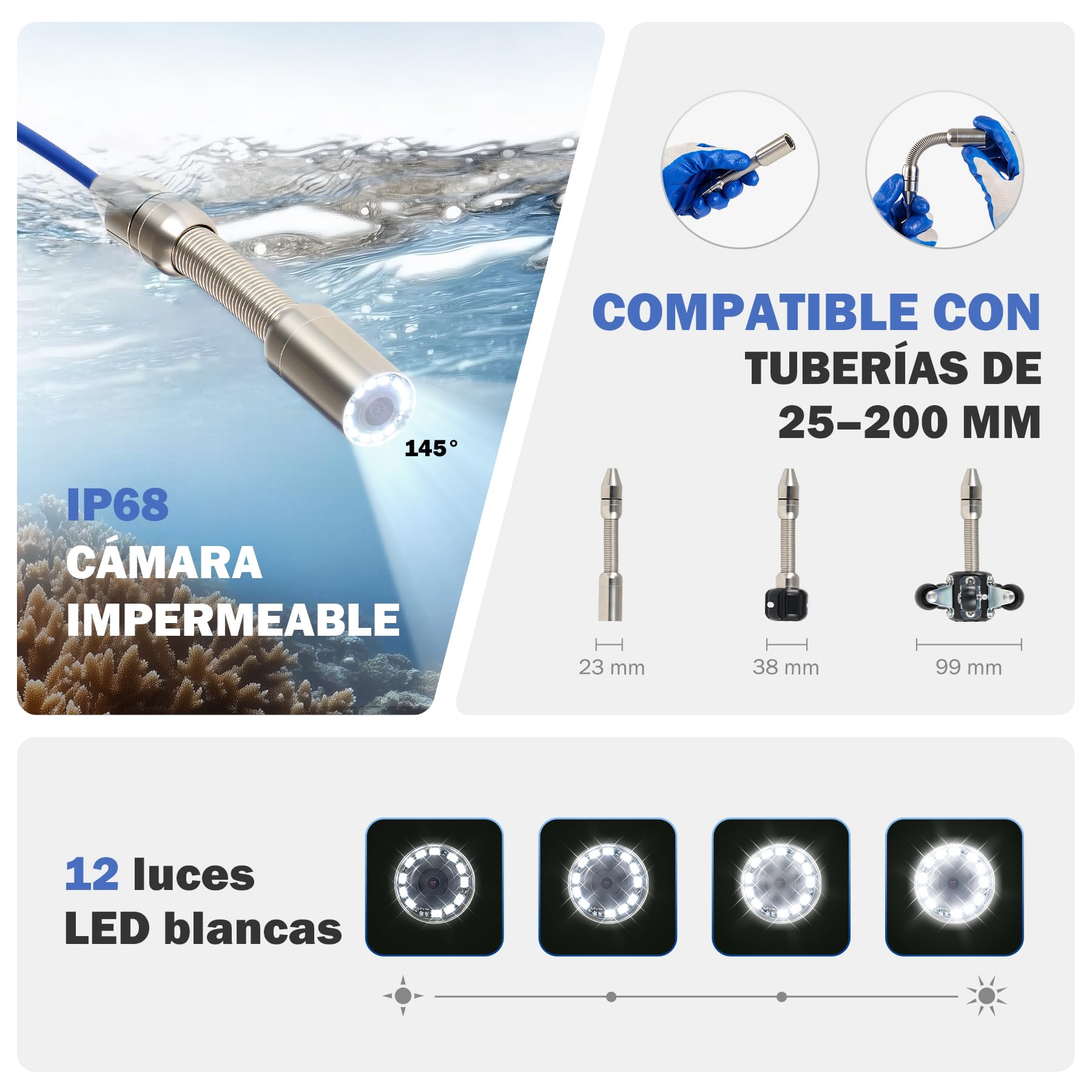 ZELCAN 4,3 Pulgadas Cámara de Alcantarillado, Cámara de Inspección de Alcantarillado con Cable de 30 m y Marcadores de Longitud, Cámara Impermeable para Tuberías