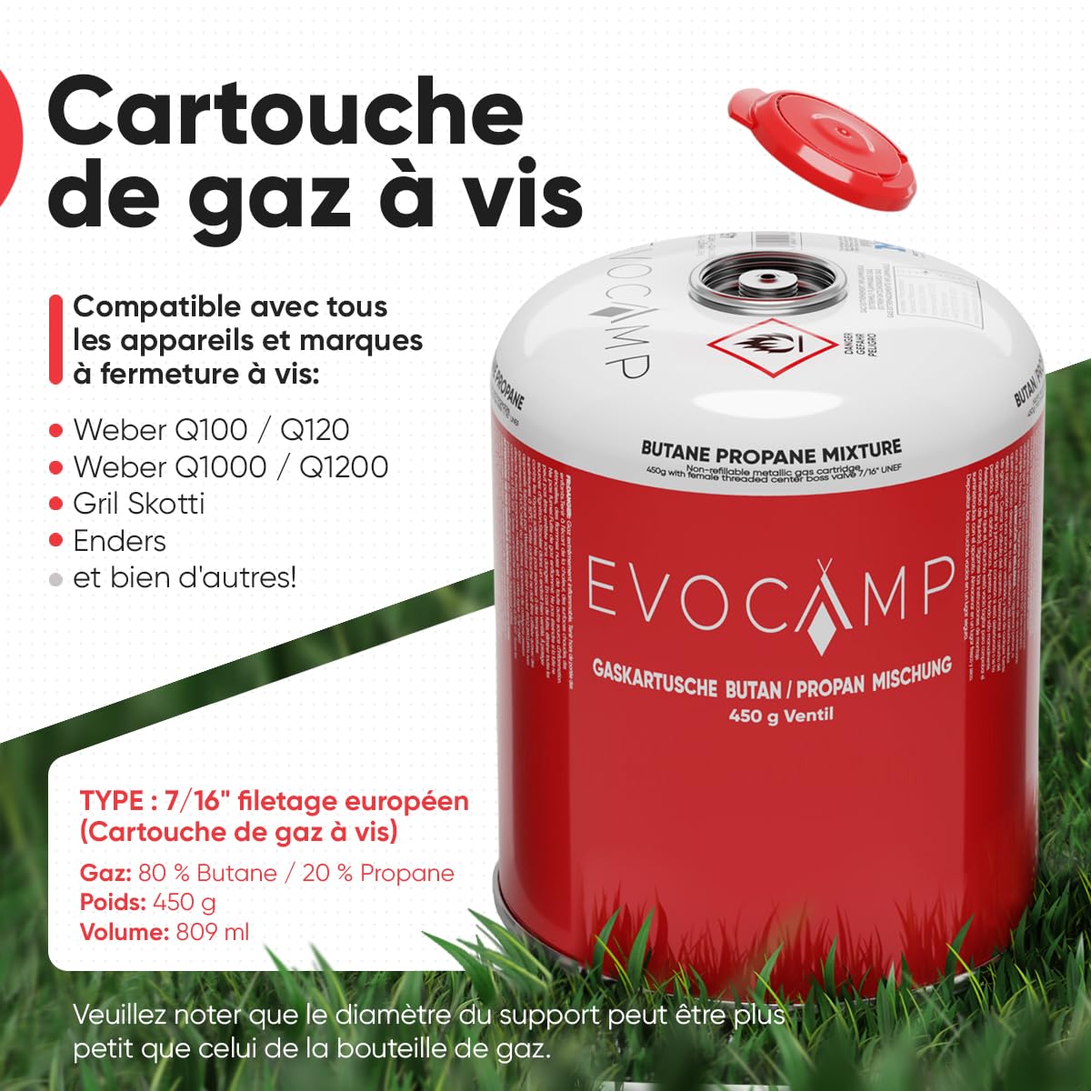 EVOCAMP 3X cartouche de gaz propane butane 450g, cartouche à vis avec filetage européen 7/16", bouteille de gaz 809ml, bonbonne de gaz utilisable pour les grills Weber séries Q100/1200