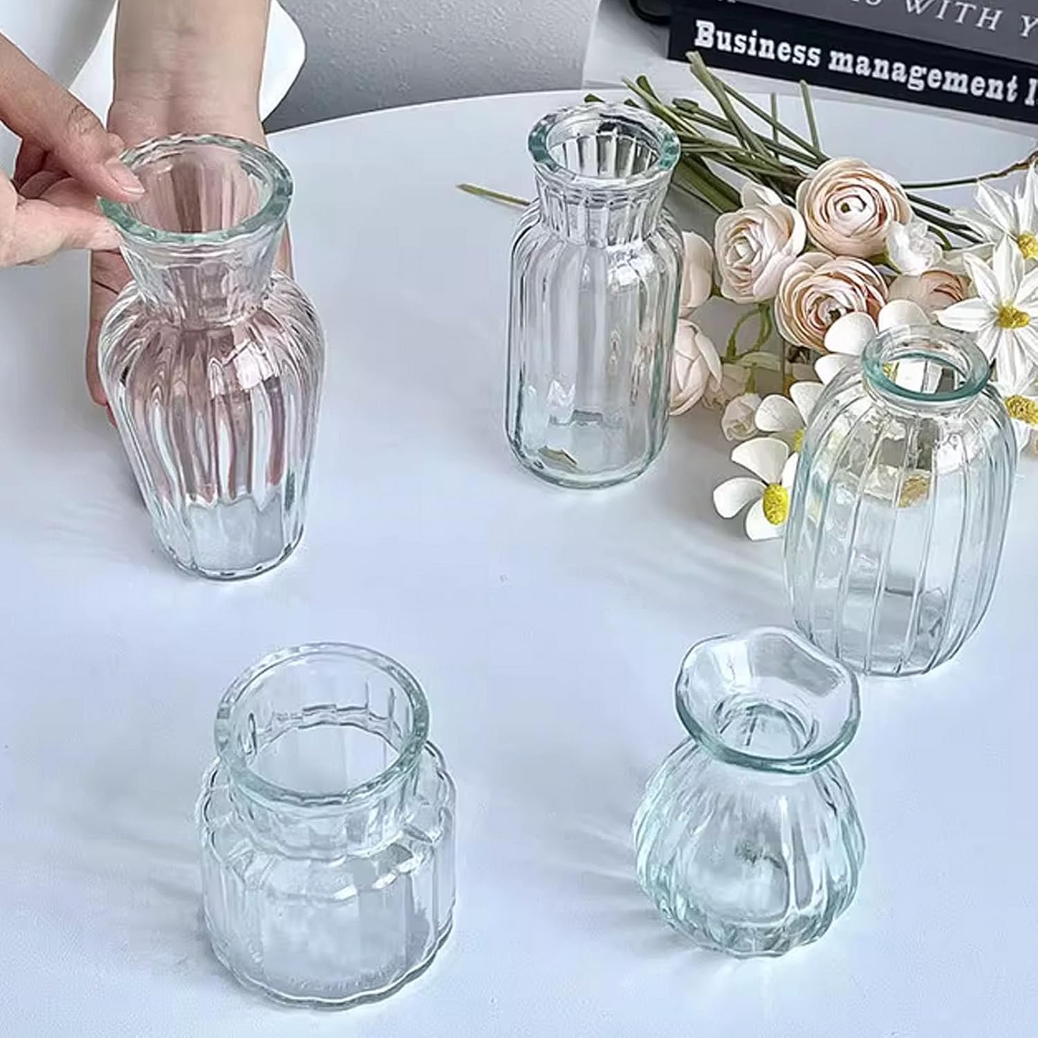 Bud Vases in Bulk Small Glass Clear Vertical Stripes Vase Set of 6 Different Shape Vintage Mini Tiny Vases Modern Cute for Home Flowers Table Wedding Decor Centerpieces Party Dining Room - Image 6