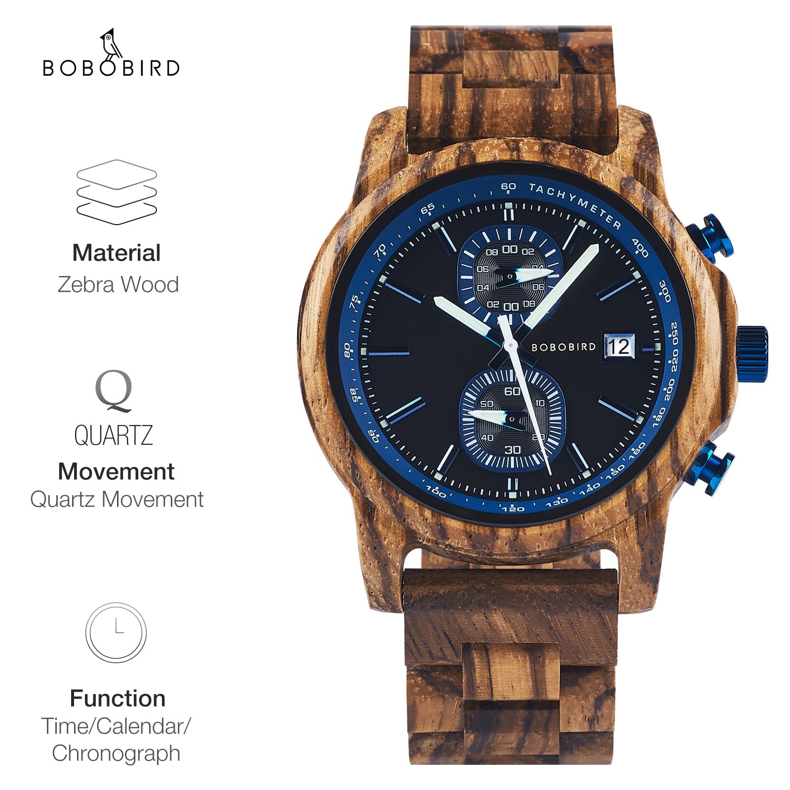 BOBO BIRD Orologio in legno per uomo e donna, ultra leggero, 50 g, lancette luminose, cronografo, data, casual, regalo aziendale
