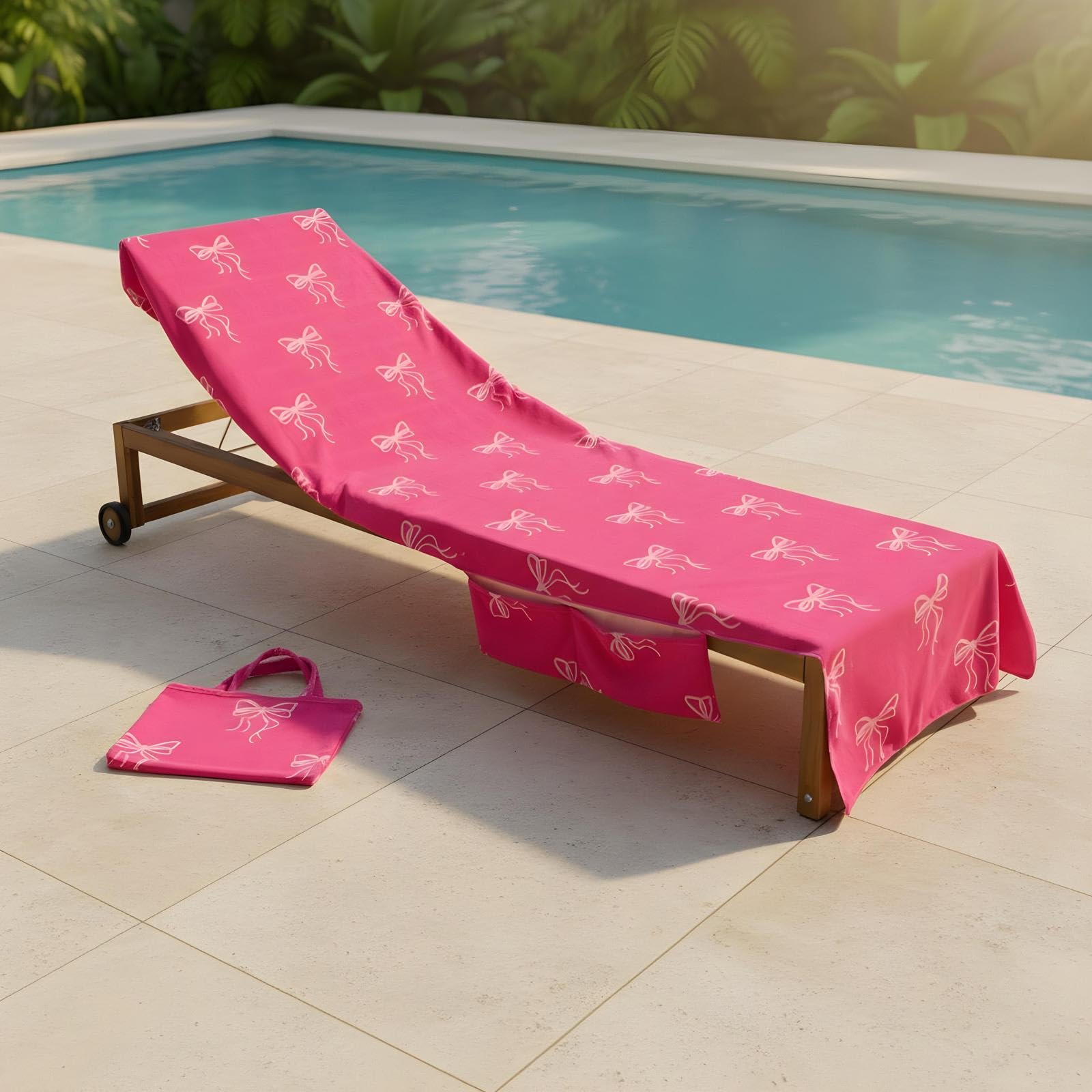 OHS Sun Lounger Towel with Pockets Bow Print, Soft Quick-Dry Absorbent Beach Towels for Adults Lightweight Large Microfibre Beach Towel Summer Holiday Essentials, Pink - 75 x 215cm