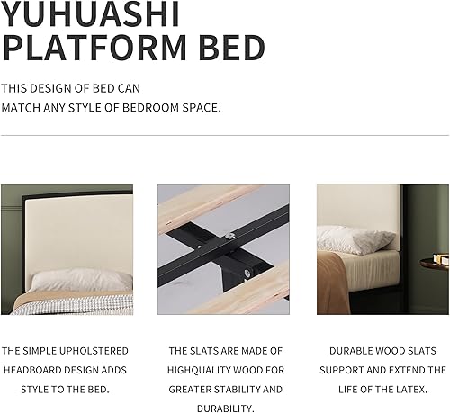 Miniatura 5 de YUHUASHI Base de cama de metal con plataforma, diseño simple, cabecera curvada cubierta de lino, marco y pie de metal, fácil de montar y silencioso