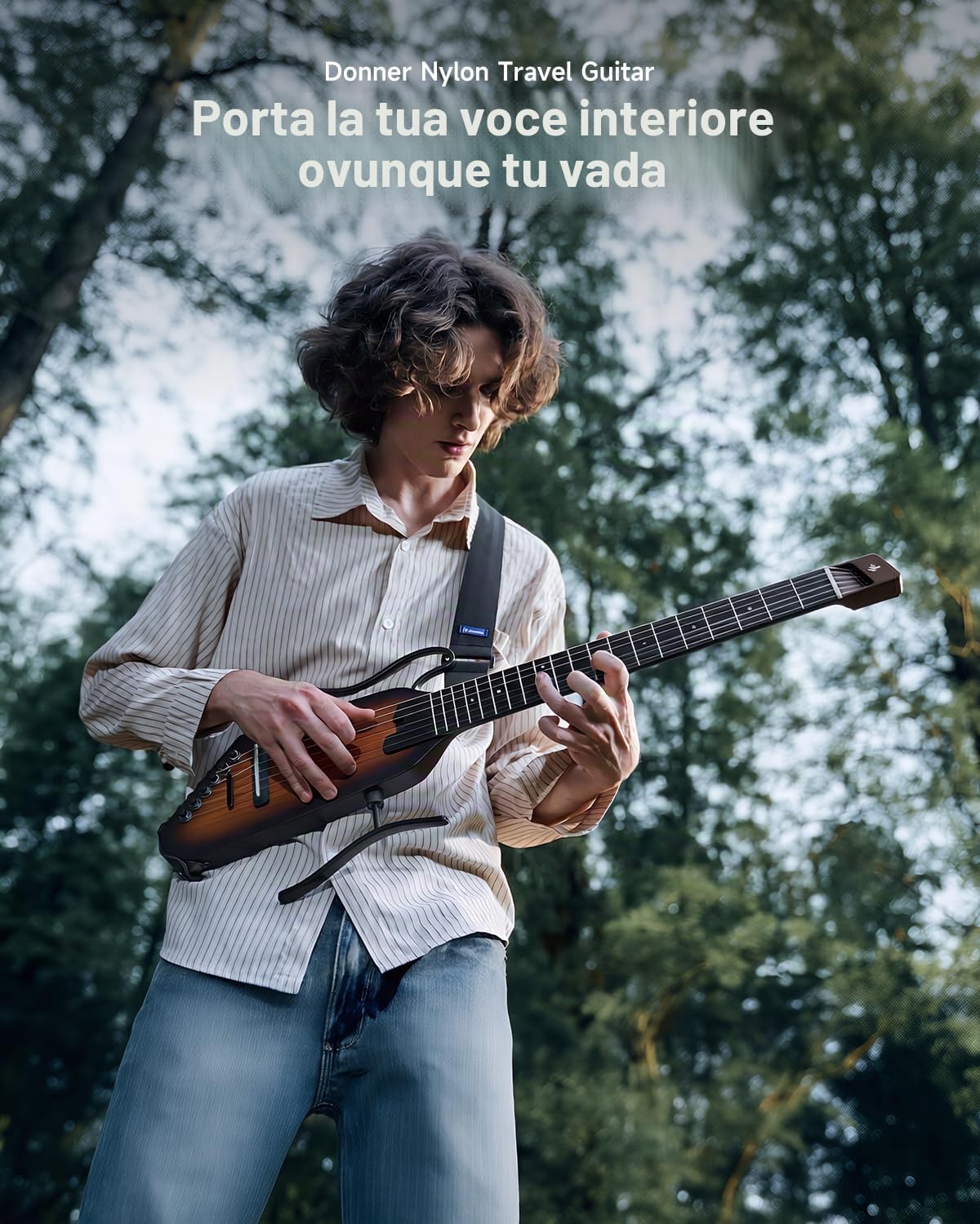 Donner HUSH C Chitarra da Viaggio Elettroacustica Ultraleggera con Corde in Nylon, Accordatore Integrato, Custodia, Sunburst