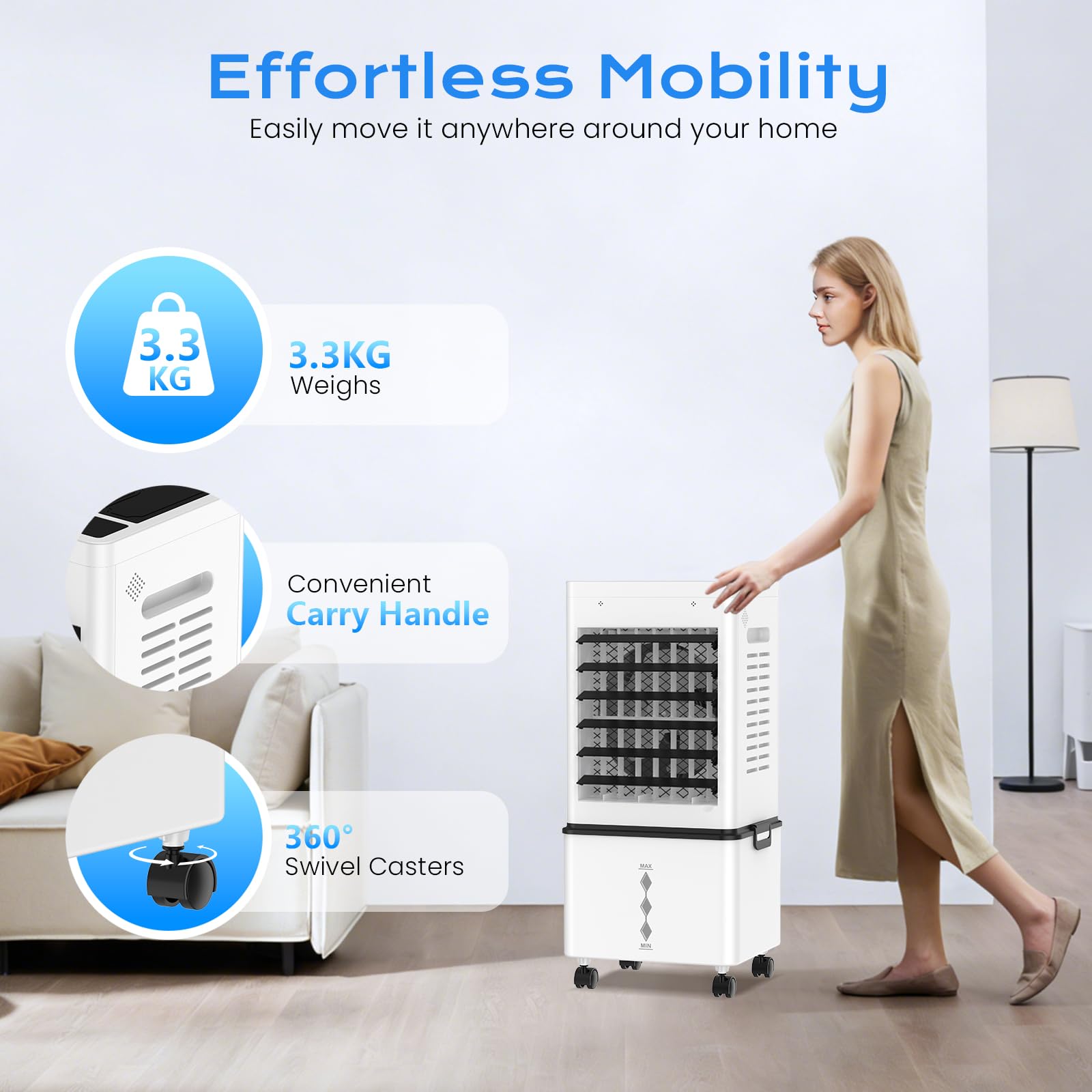 Klimaanlage Mobil 45W, 3-seitiger Klimaanlage Ohne Abluftschlauch, 6 Modi, 12L Abnehmbarem Tank, 60/120° Oszillation, 24h Timer, Leise, Fernbedienbar, Verdunstungskühler für Zuhause Schlafzimmer