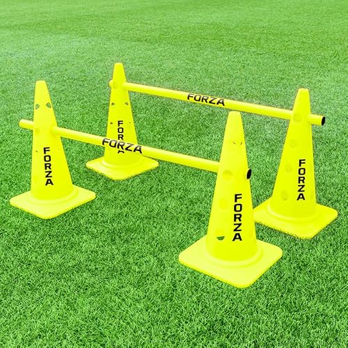FORZA 20in Training Cones | Adjustable Hurdle System for Customizable Drills | Available in 4 Fluorescent Colors (with Agility Poles, Fluro Yellow, Pack of 4)