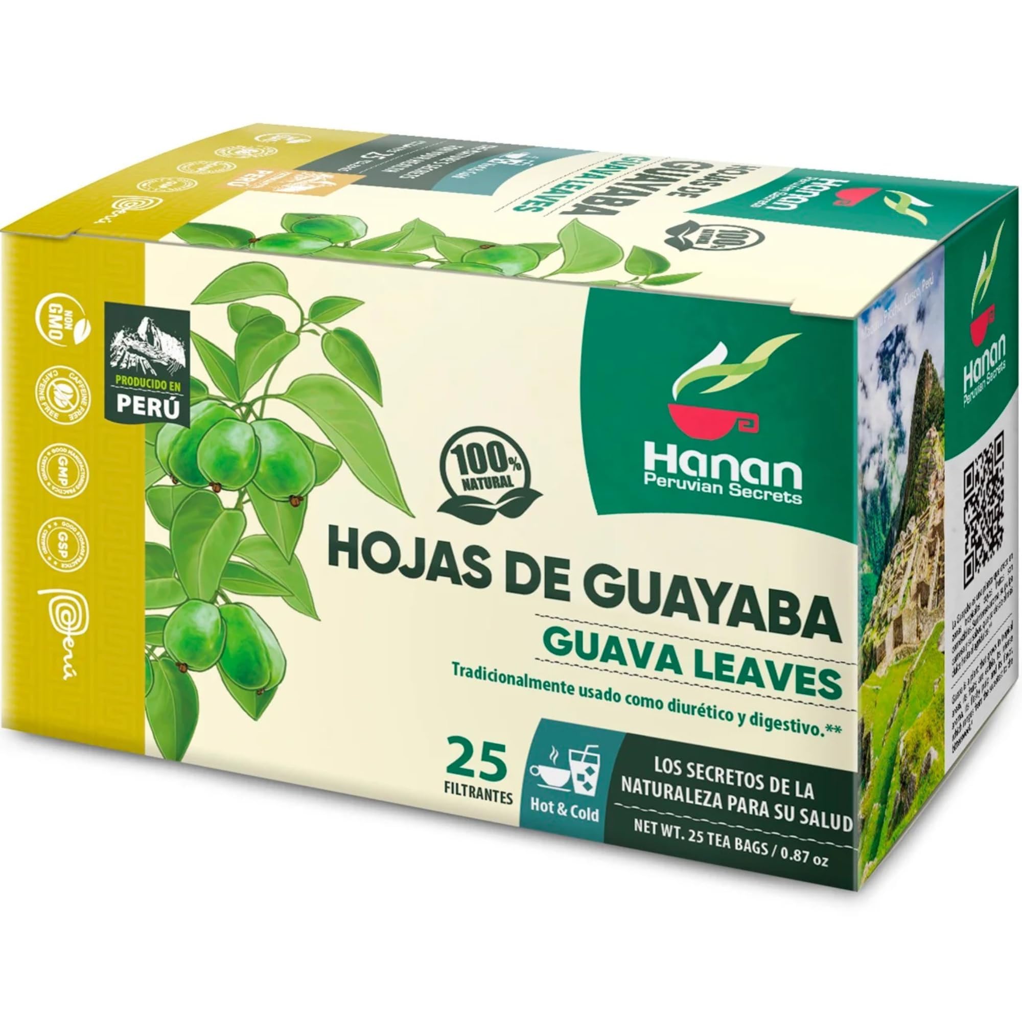 Hanan Peruvian Secrets Guava Leaves 25 Teabags - 100% Natural Hojas De Guayaba Herbal Tea - Naturally Supports Occasional Stomach Discomfort
