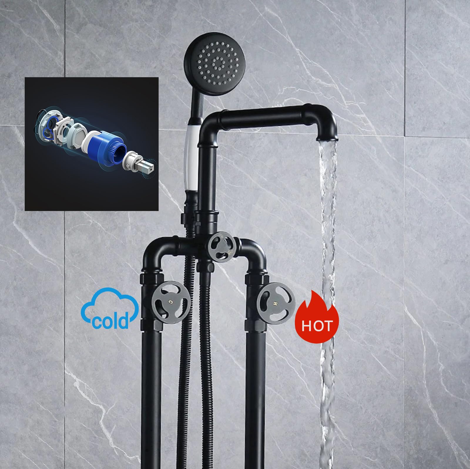 Grifo Mezclador de Bañera Y Ducha Independiente Grifo de Bañera Negro de Doble Manija con Rotación de 360° para Agua Caliente Y Fría de Latón