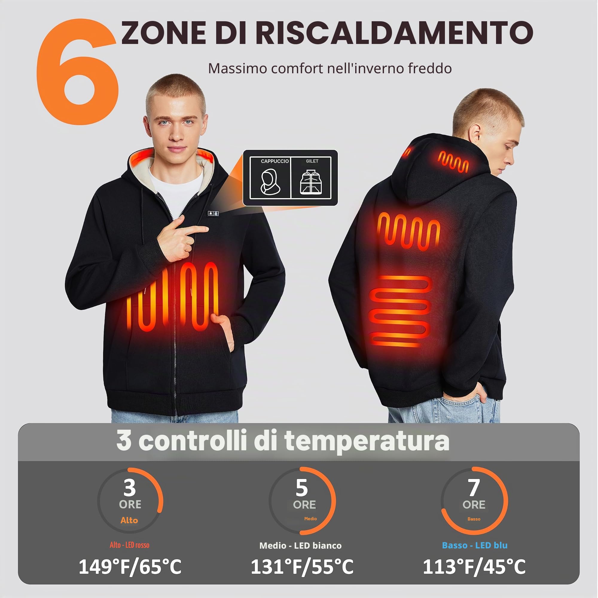 seenlast Felpa Riscaldata Uomo Donna, Giacca Riscaldata Unisex con Batteria 10000mAh, Felpa con Cappuccio Riscaldata per Uomo Donna, Giacca Termica con 6 Zone Riscaldamento 3 Temperatura Regolabile