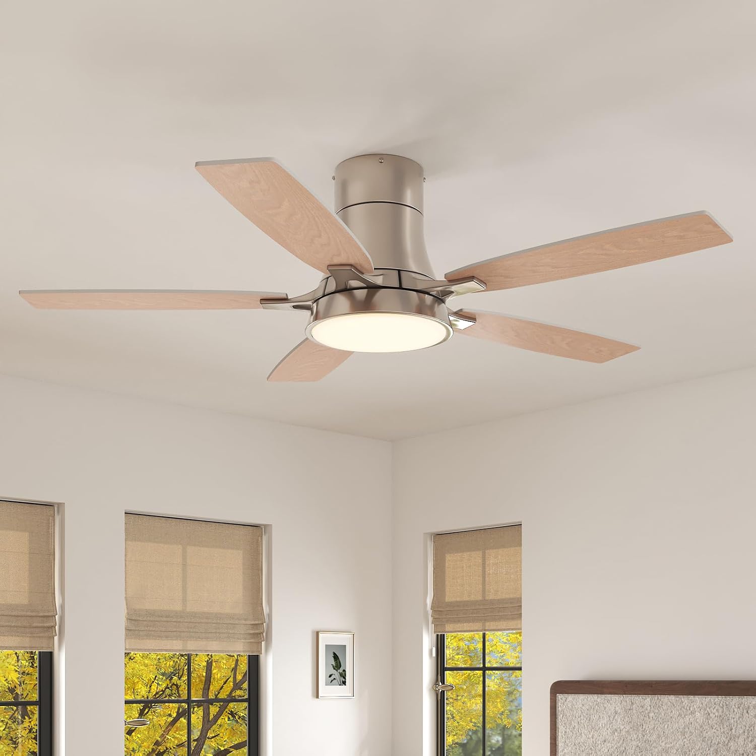 52 Inch Low Profile Ceiling Fan with Light and Remote Flush Mount Ceiling Fans, Noiseless, 6 Speeds Reversible, Dimmable, Ceiling Fan for Bedroom, Living Room Nickel-6125 52 Inch