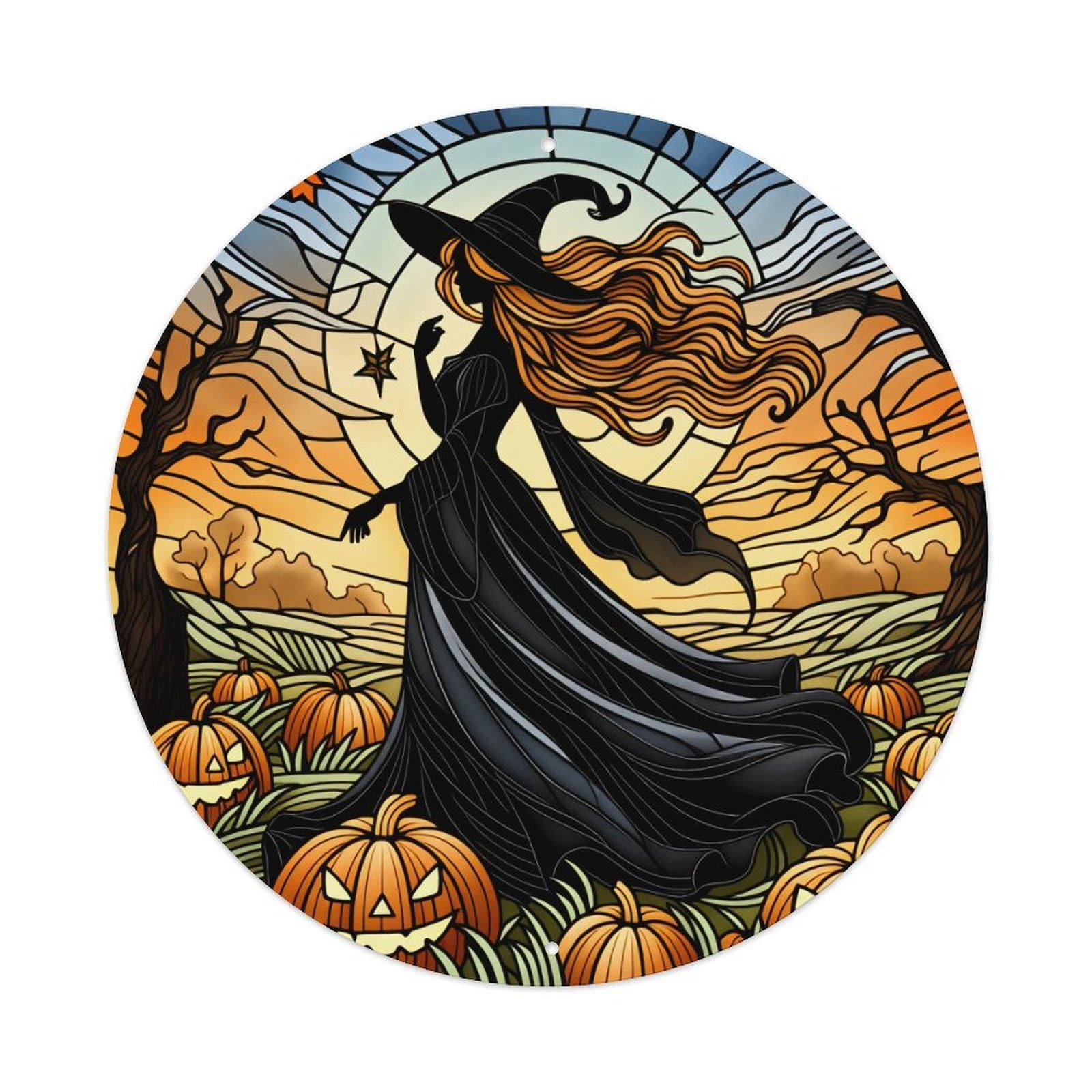 Witch Pumpkin Autumn Night Sky Round Tin Sign Vintage Metal Poster Retro Bar, Home, Man Cave, Kitchen, Laundry Room Wall Art Decor Gift 8x8Inch