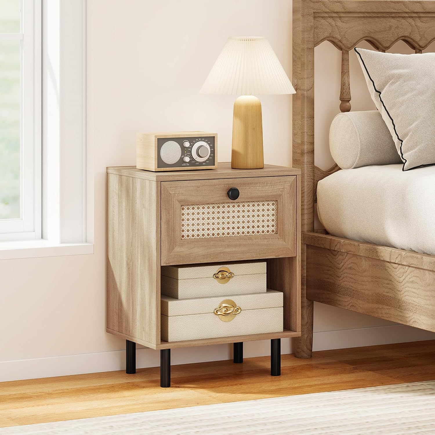 Giantex Rattan Nightstand with Drawer Set of 2, Mid Century Modern Bed Side Table w/ 4 Metal Legs and Open Storage Shelf, Wood Boho End Table for Small Spaces, Night Stand for Bedroom Office, Natural