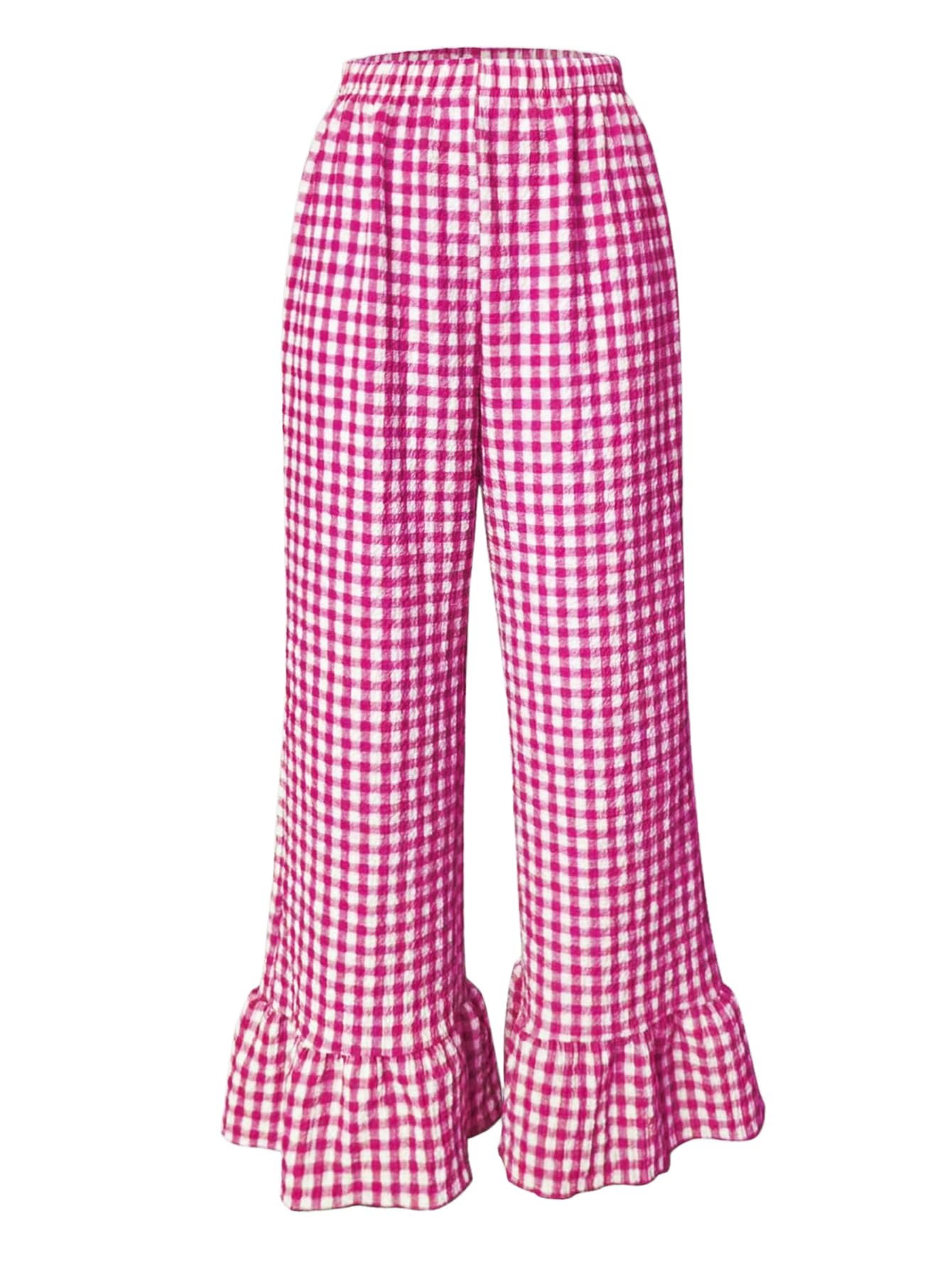 GORGLITTER Womens Y2K Gingham Wide Leg Linen Pants Cute Ruffle Summer Vacation Going Out Trousers