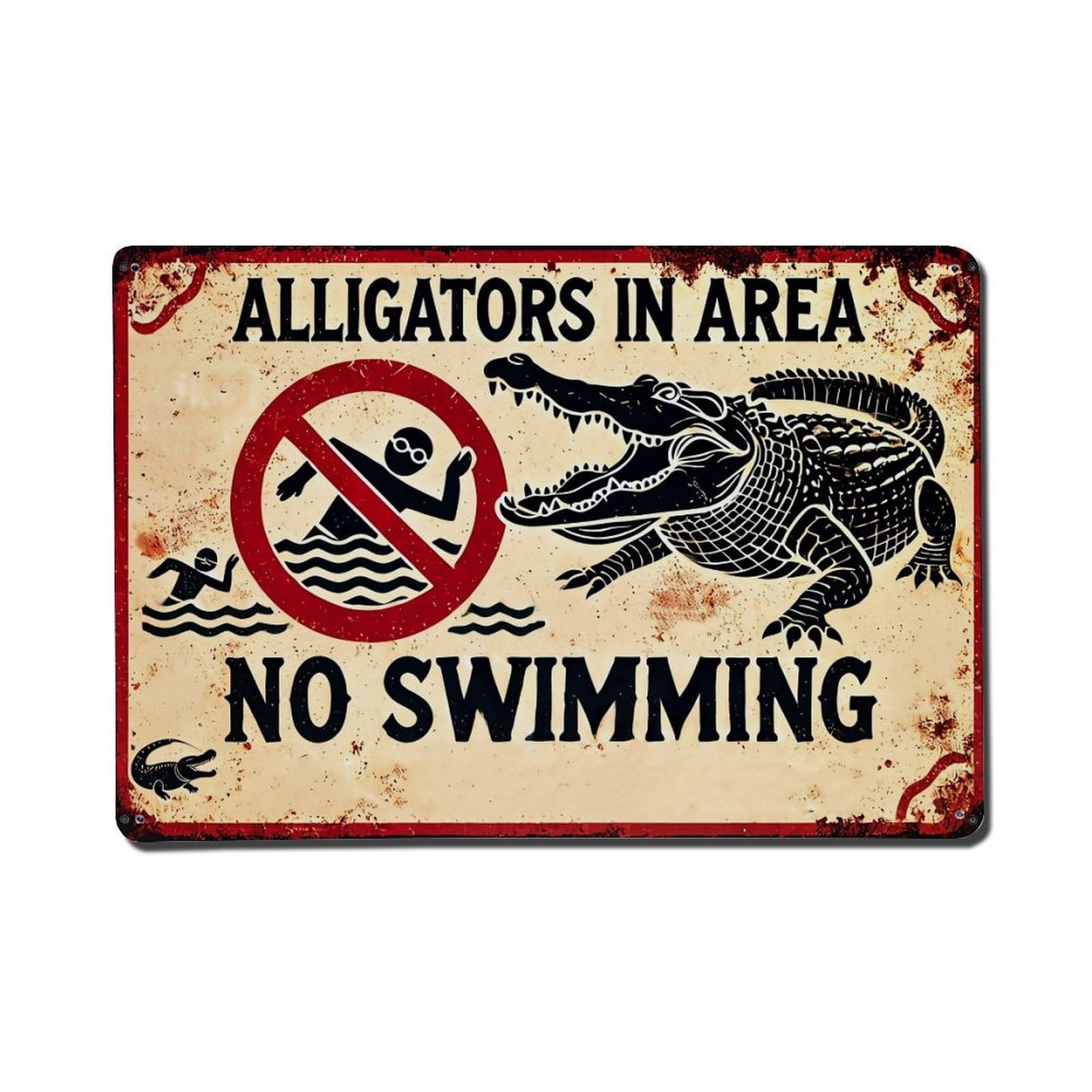 Jdfenggu Vintage Alligators In Area No Swimming Retro Metal Tin Sign, Metal Poster For Bar, Home, Man Cave, Kitchen, Laundry Room Art Decor 8X12 Inch