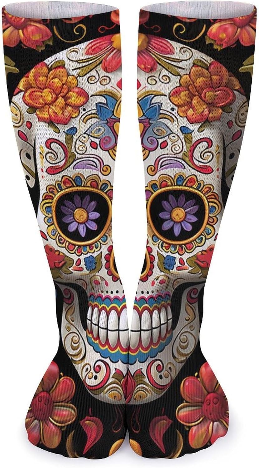 Breathable Crew Sock, Moisture Wicking, Athletic Calf Socks, Cozy | Sugar Skulls Compression Socks for Women Men, Lightweight High Work Socks for Business, Casual