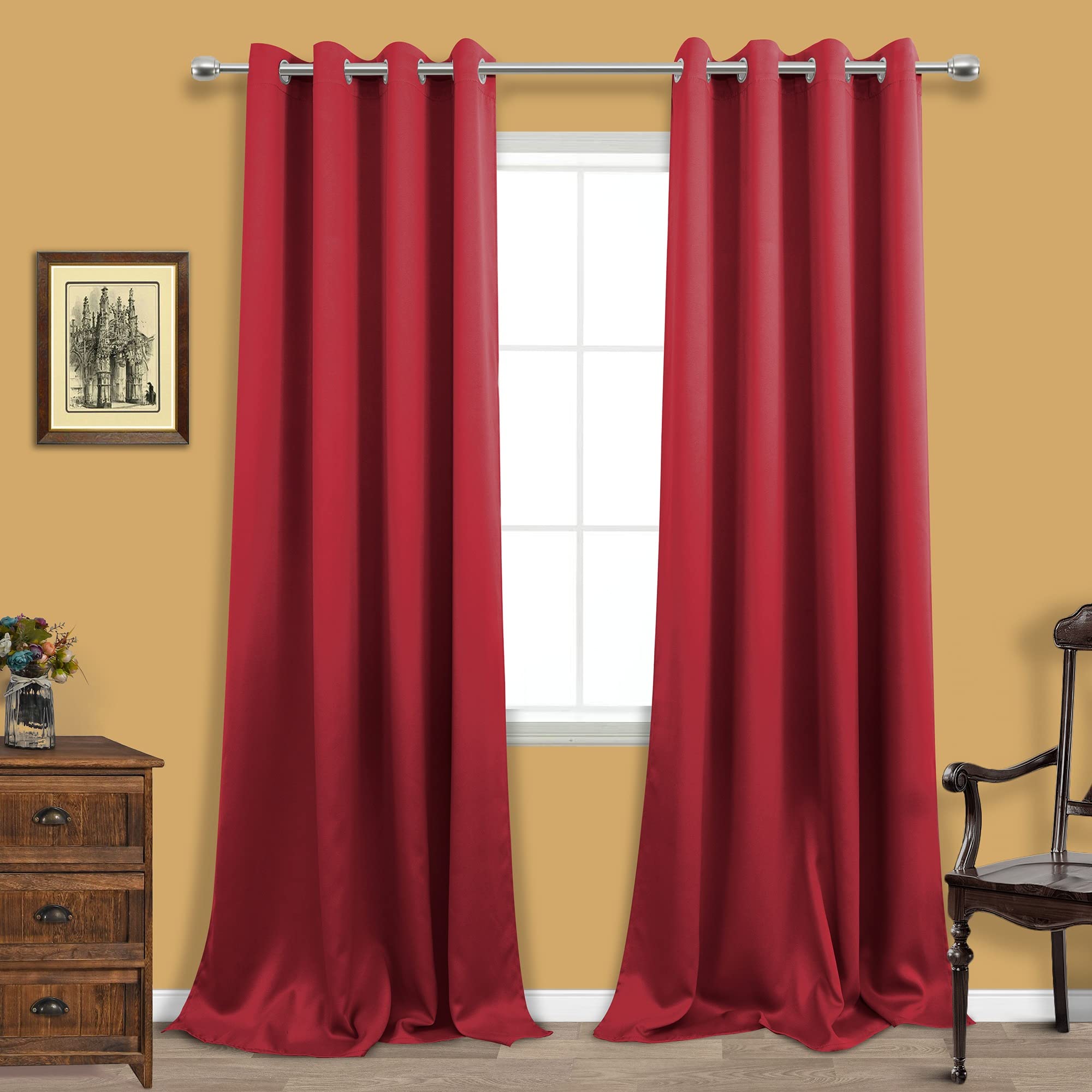 KOUFALL Red Grommet Insulated Thermal Room Darkening Blackout Curtains 52x108 Inches Long