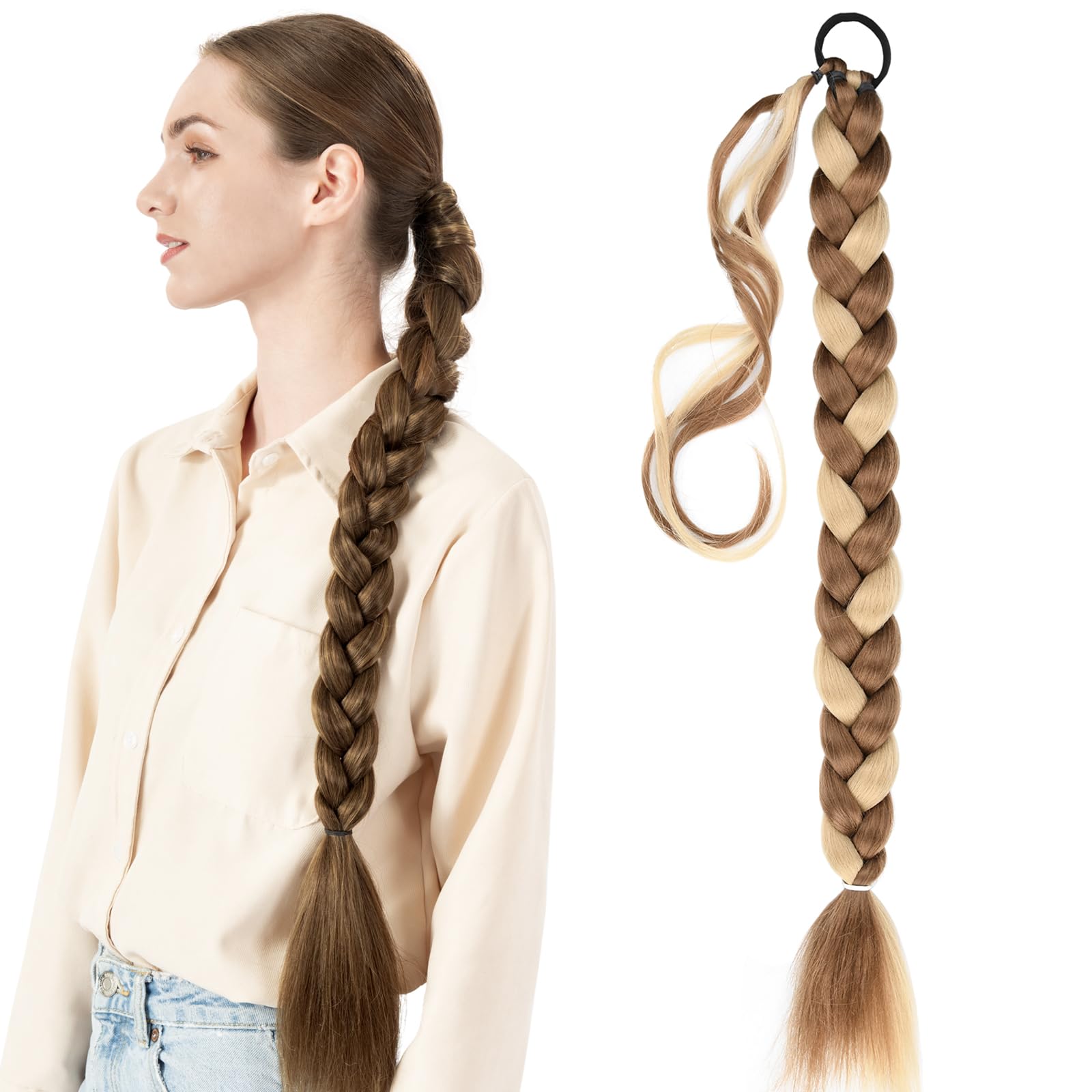 BOBIYA Long Braided Ponytail Extension 30 Inch Pre stretched Braiding Hair Extensions DIY Braid Ponytail Natural Soft Ponytails (Highlighted Medium Brown)