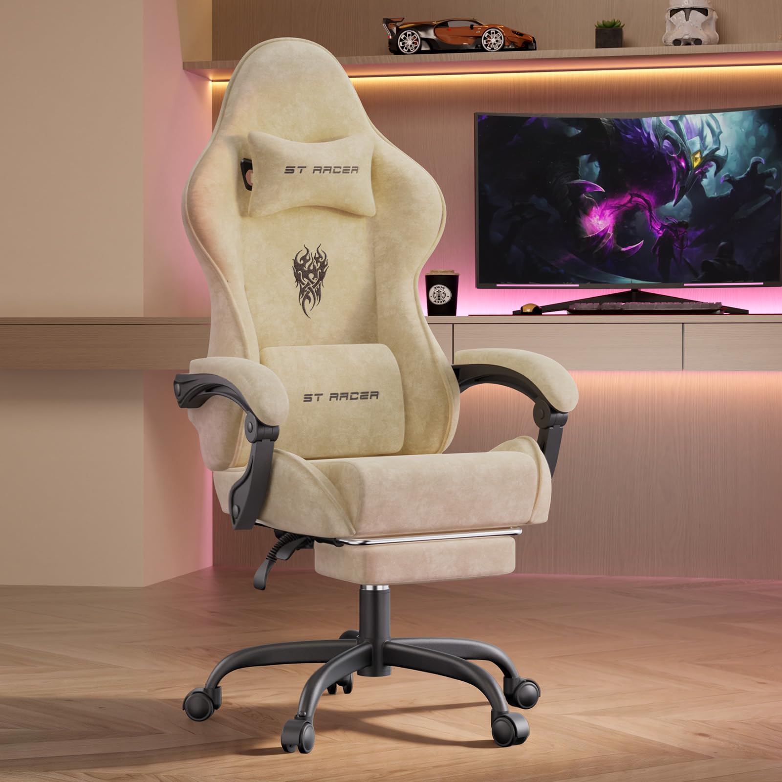 Verdego Silla Gaming con Masaje Lumbar y Reposapiés, Silla Gamer Ergonómica, Tela de Terciopelo, Reclinable 90-125°, Altura Ajustable 10cm, Giratoria 360°, Cadeira Gaming Oficina y Juegos (Beige)