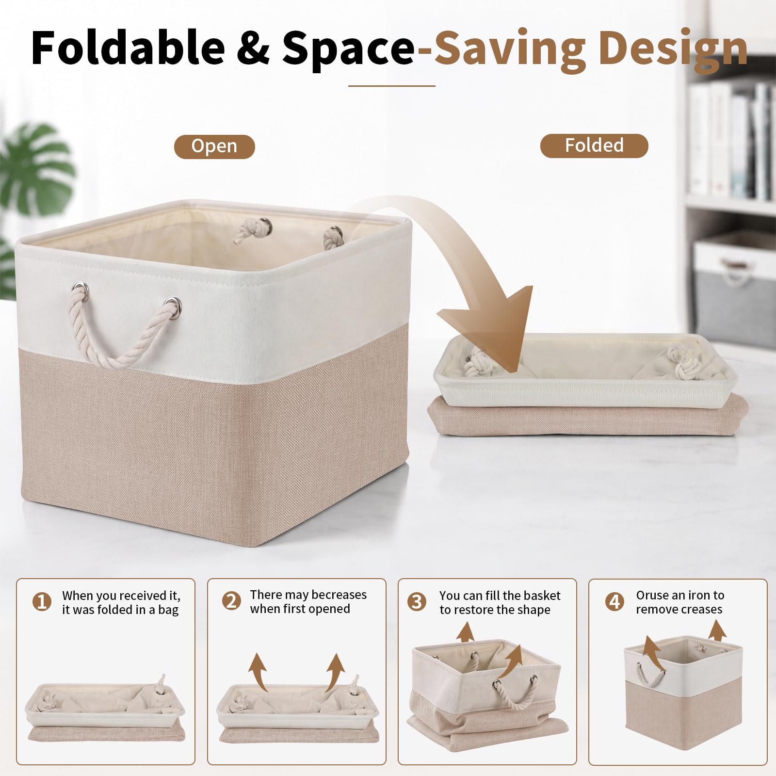 33×38cm Aufbewahrungsbox,Aufbewahrungskorb aus Stoff mit Tragegriffen,6 Stück faltbare Aufbewahrungskörbe,Geeignet für Bad,Schlafzimmer,Büro,Arbeitszimmer und Kinderzimmer(Weiß & Beige)