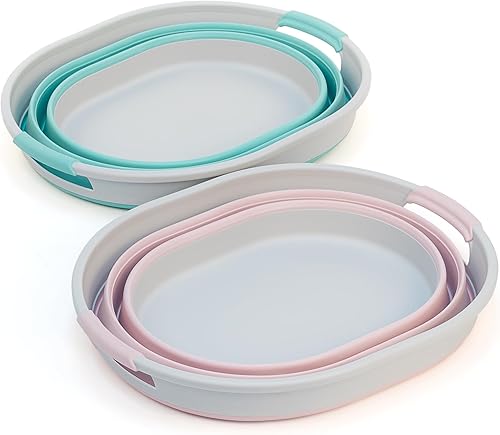 Miniatura 3 de SAMMART Juego de 2 cestas plegables de plástico para la ropa sucia de 23 litros (6 galones), tina ovalada, contenedor de almacenamiento plegable,