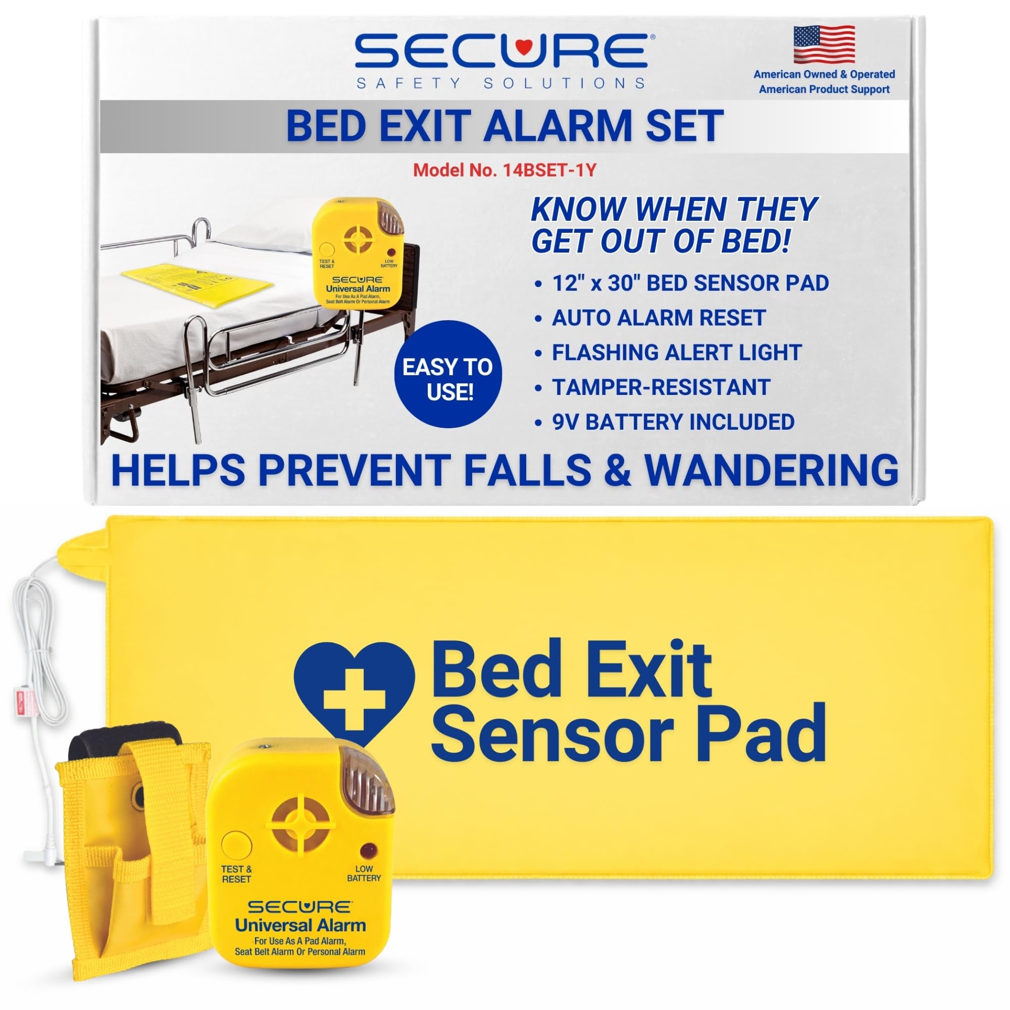 Secure Safety Solutions Bed Alarm for Elderly Adults, 80 dB Patient Alarm Monitor & 12" x 30" Bed Sensor Pad, Bed Alarms and Fall Prevention for Elderly