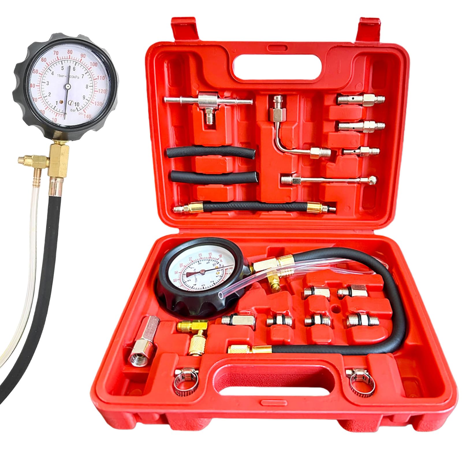 0-140PSI Benzindruck-Kraftstoffdruck-Messgerät Kit, Kraftstoffdruckprüfer öldruckmessgerät Benzinpumpen Tester, Einspritzpumpe Druckprüfer mit Adapter Manometer Diagnosewerkzeug für Auto LKW Motorrad